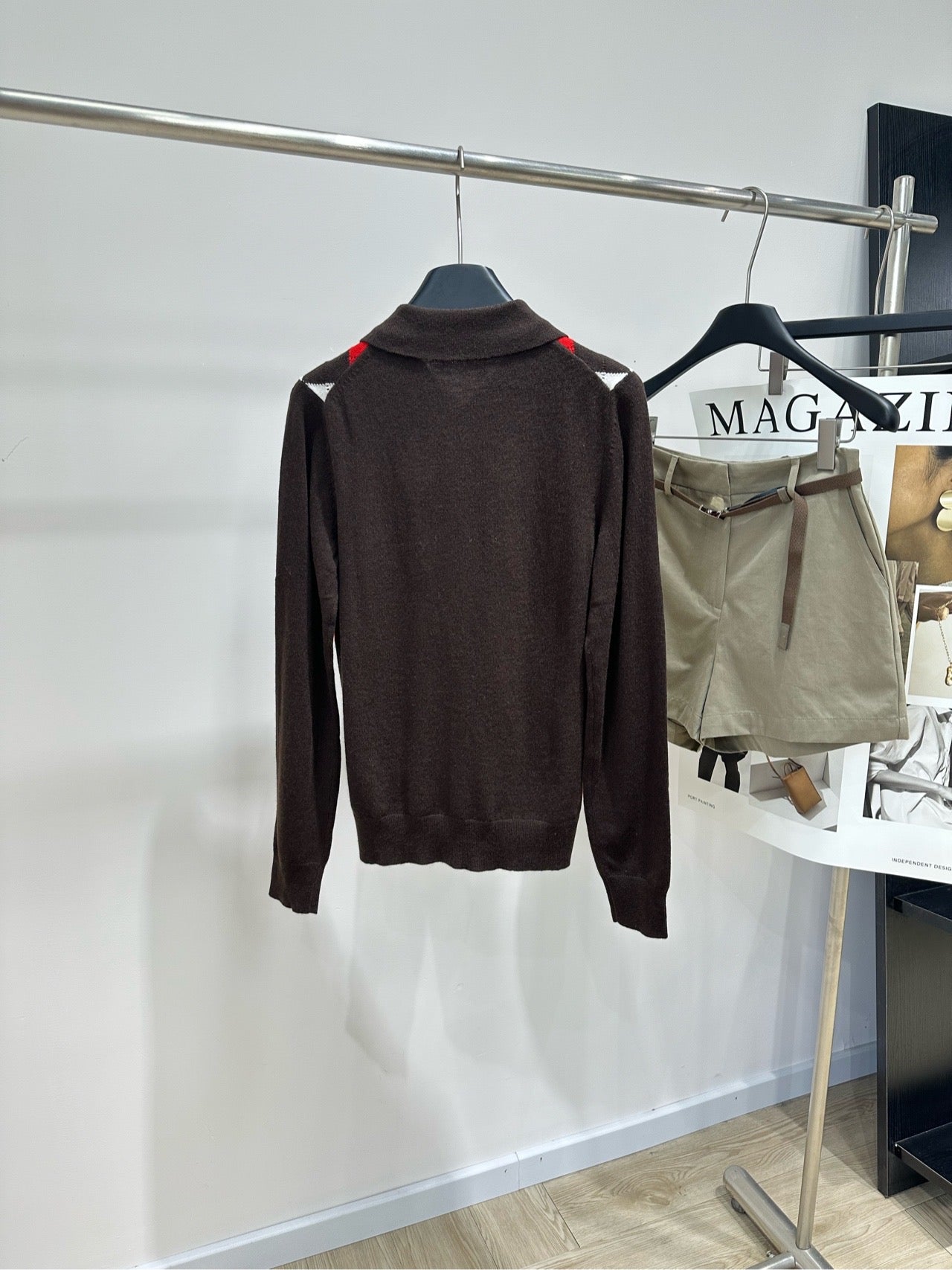 Miu 26s Crew Neck Long Sleeve T-Shirt Red Brown White Cashmere 417157