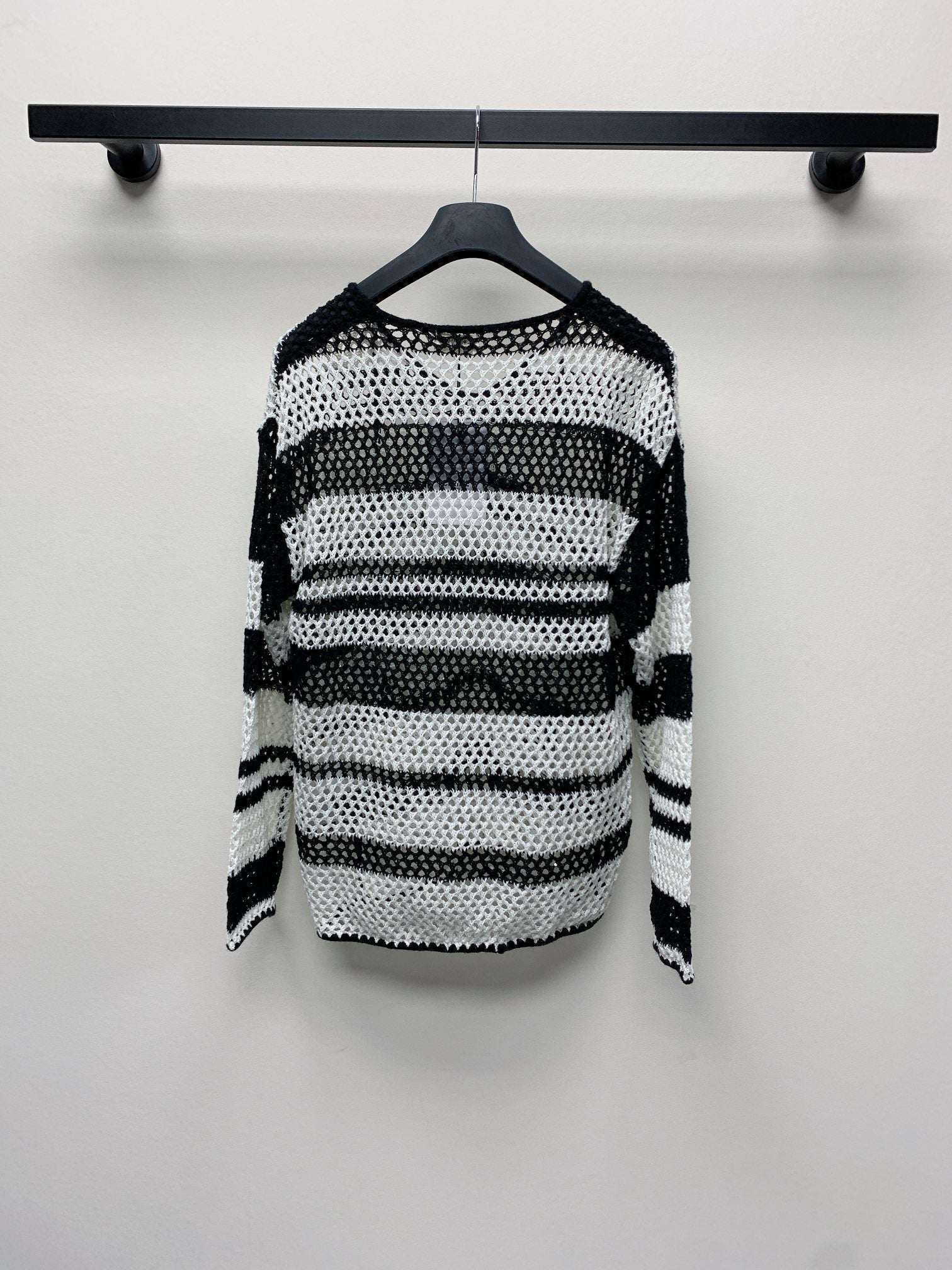 Celine 25 Hollow Crochet Cardigan Black White Wool Polyester 277568