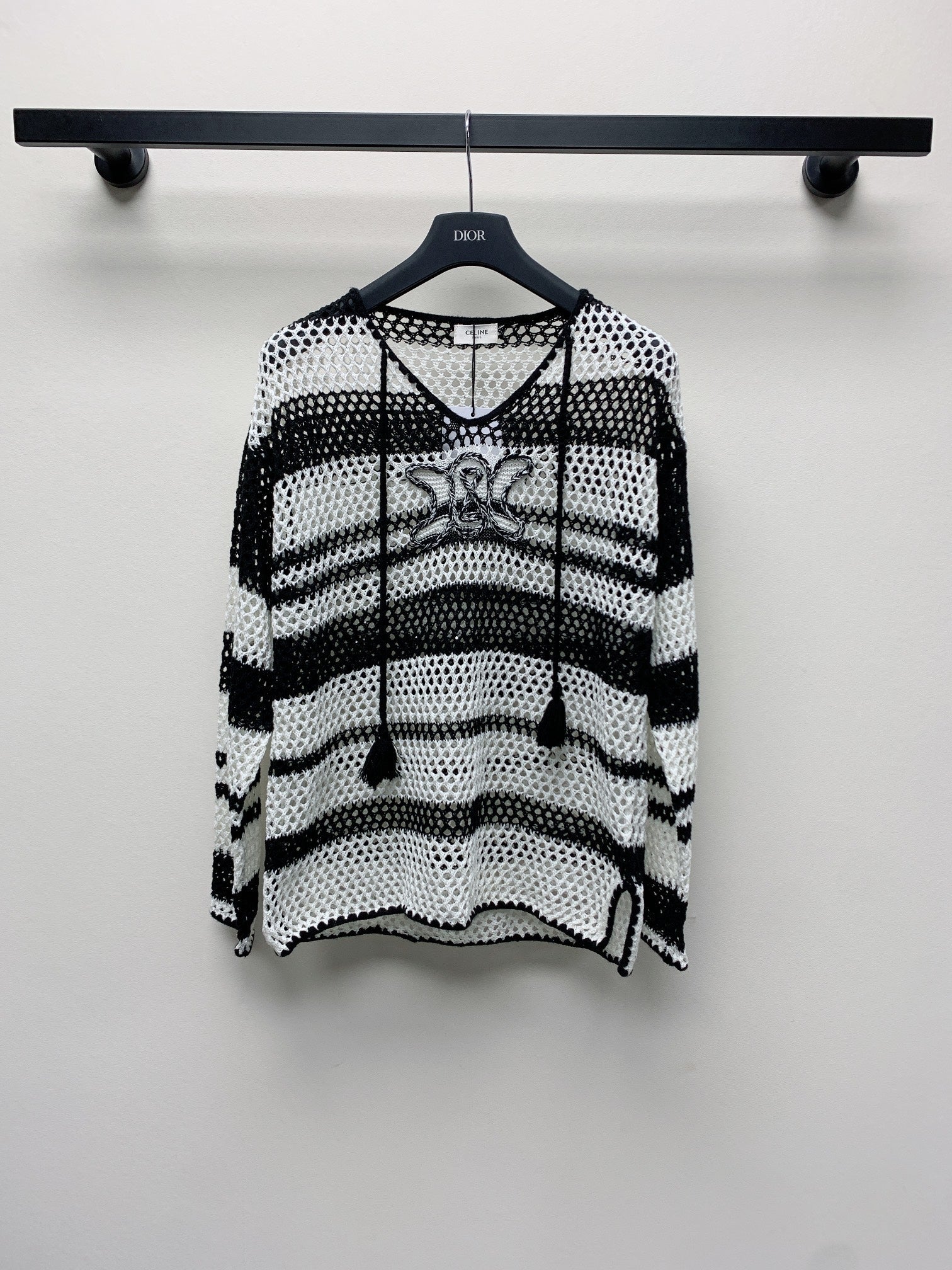 Celine 25 Hollow Crochet Cardigan Black White Wool Polyester 277568