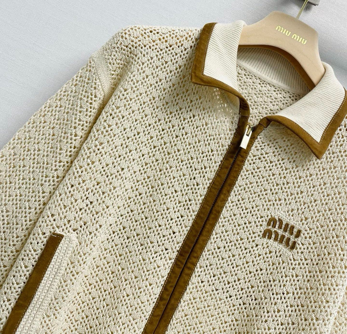 Miu 26s Crochet Jacket White Cotton Suede 432796
