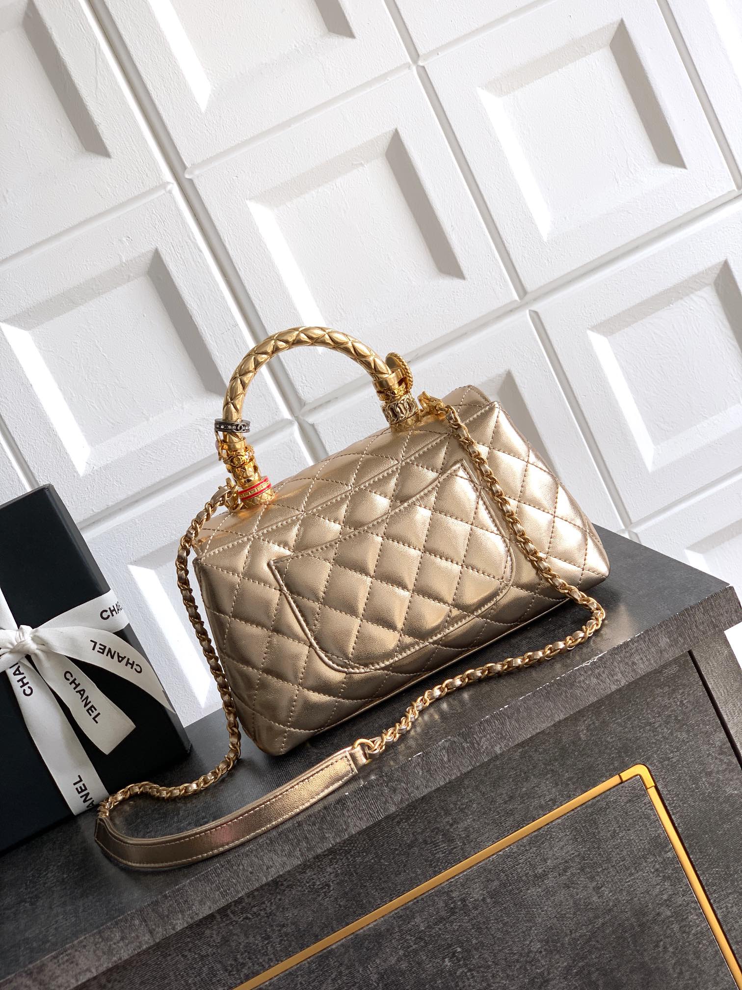 CC Coco Top Handle Bag 23cm Gold Metalic Quited Leather
