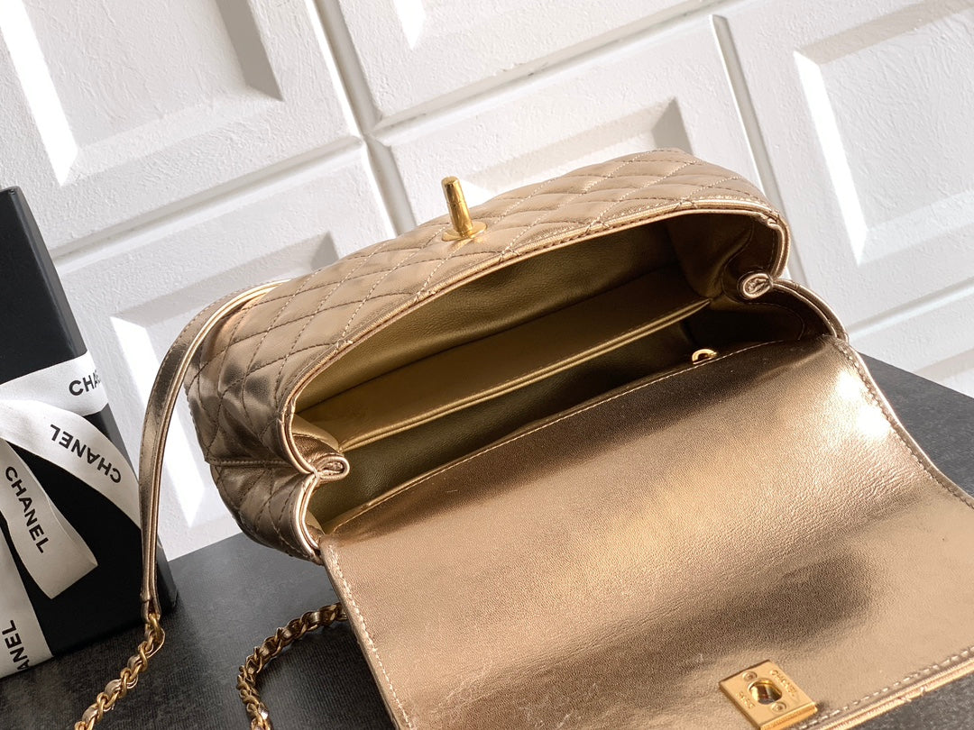 CC Coco Top Handle Bag 23cm Gold Metalic Quited Leather