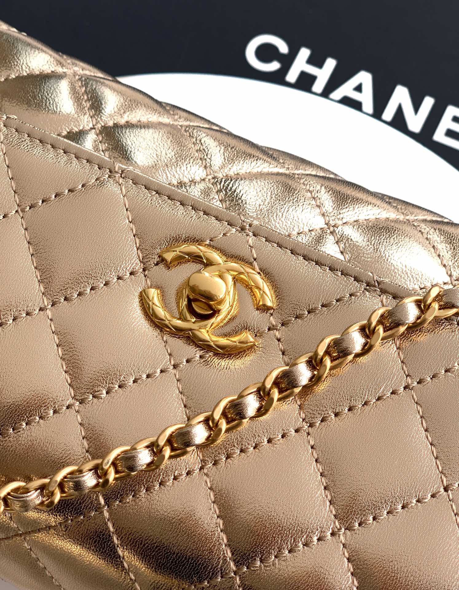 CC Coco Top Handle Bag 23cm Gold Metalic Quited Leather