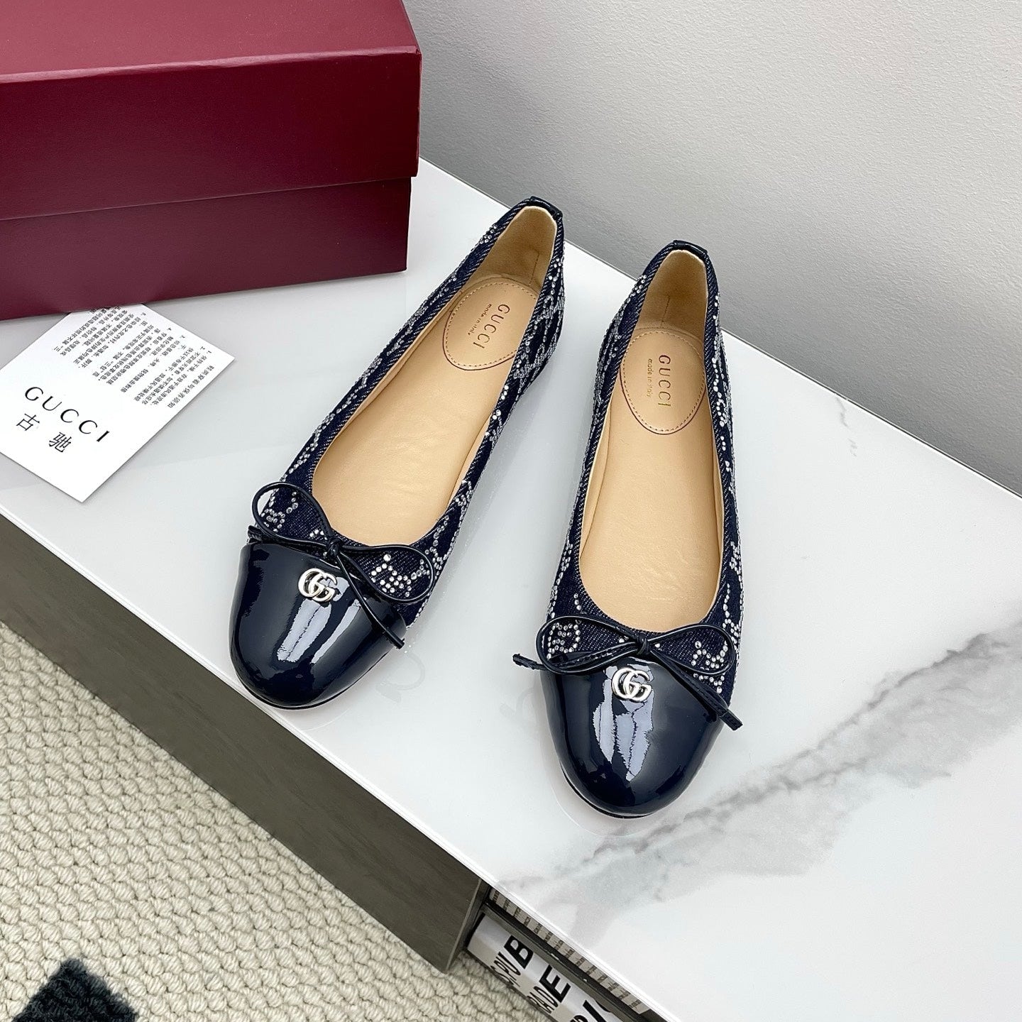 GG Women's Crystal Ballet Flat Dark Blue Denim Patent Leather Trim 511494