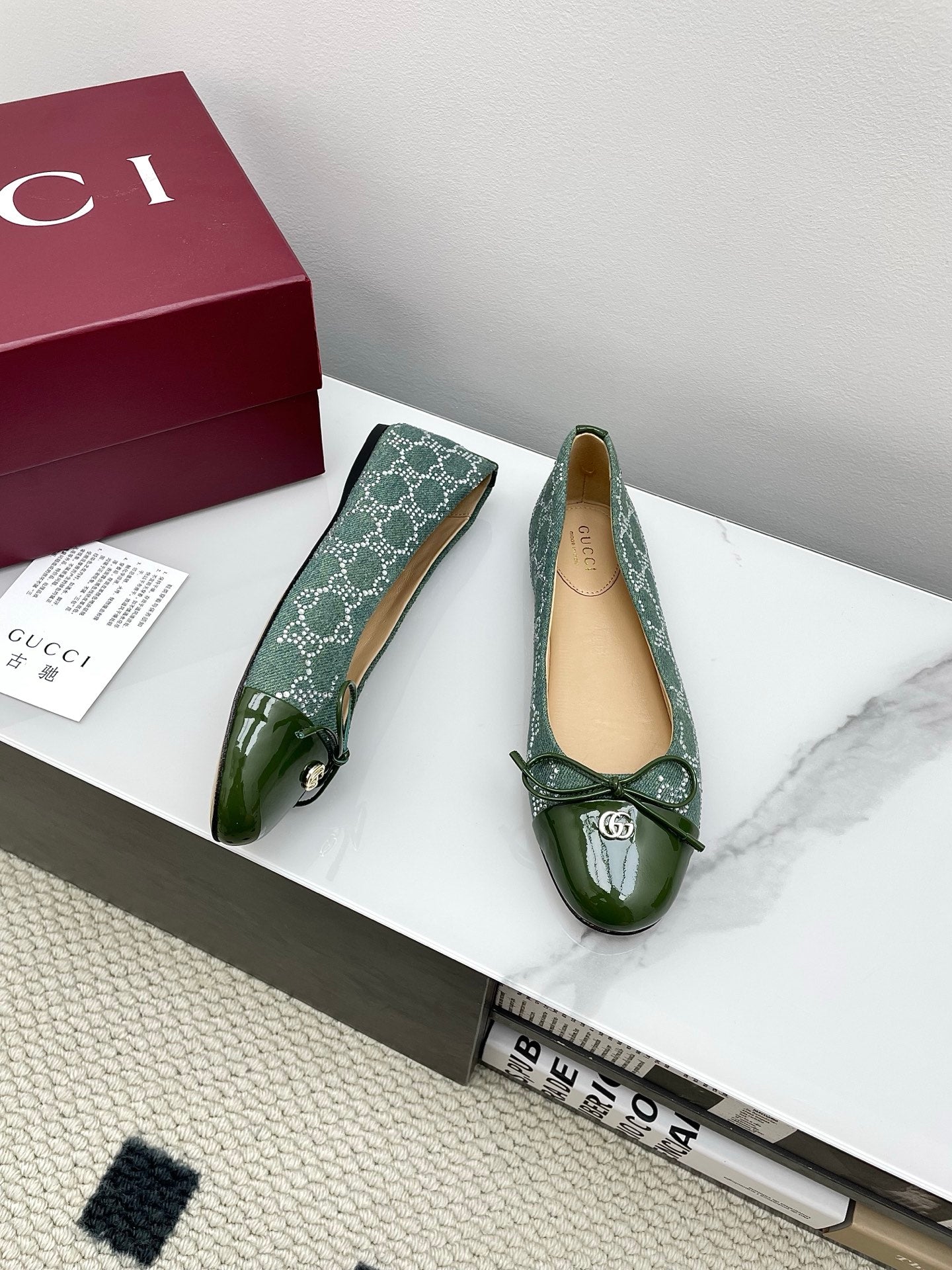 GG Women's Crystal Ballet Flat Dark Green Denim Patent Leather Trim 511495