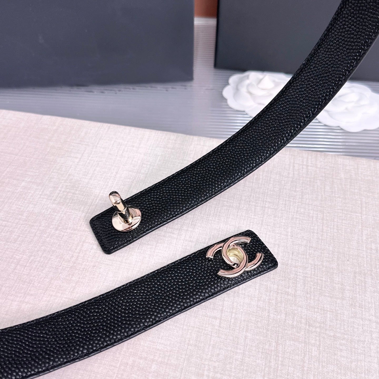 CC Fall Winter 2026 3cm Belt Black Gold Caviar Leather