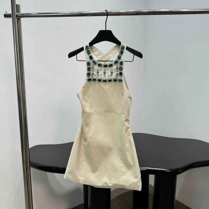 Miumiu 2026 Rhinestone Dress Cream Green Cotton