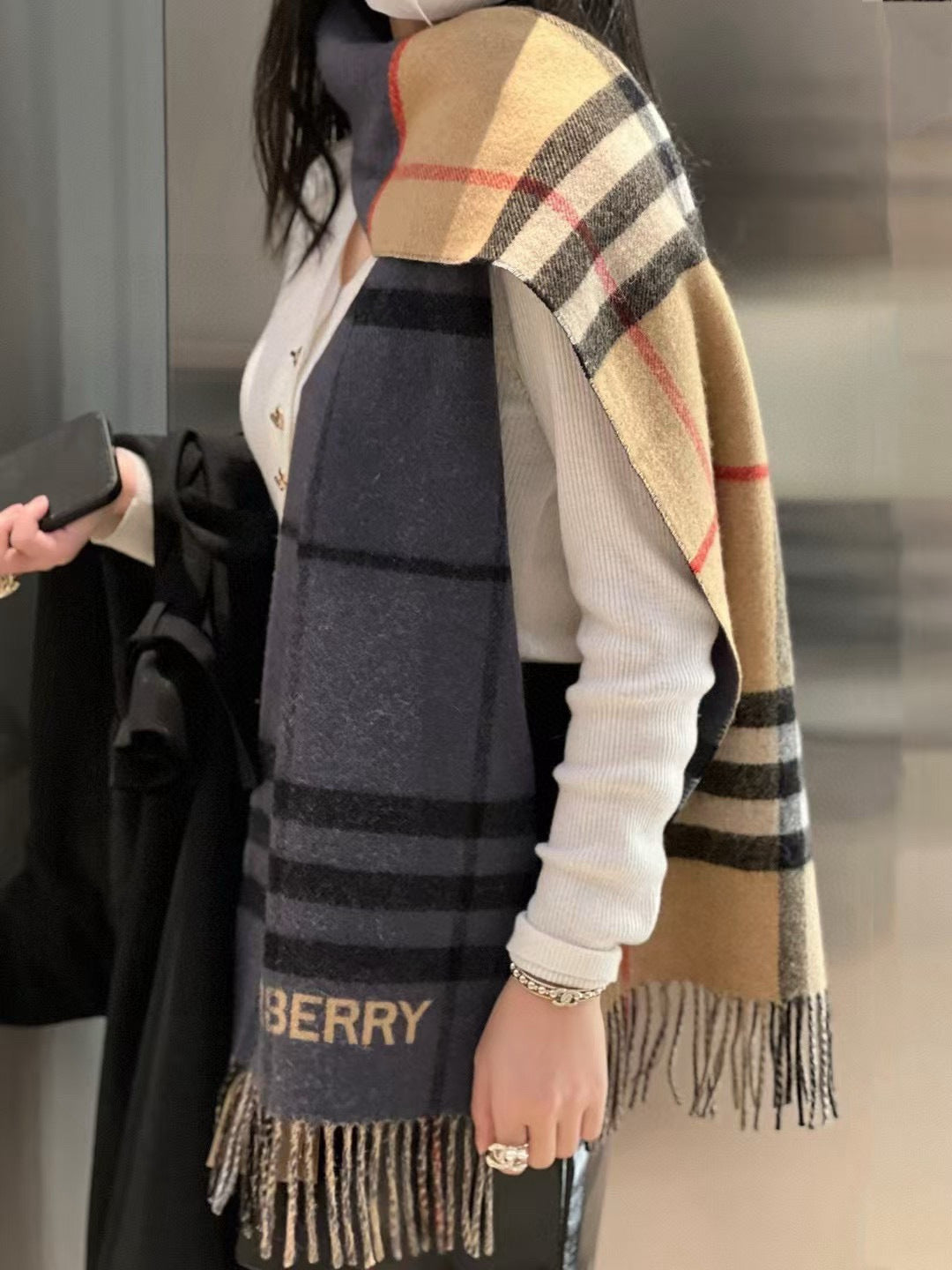 BBR Long Scarf 17CM Charcoal Archive Beige Cashmere 150410