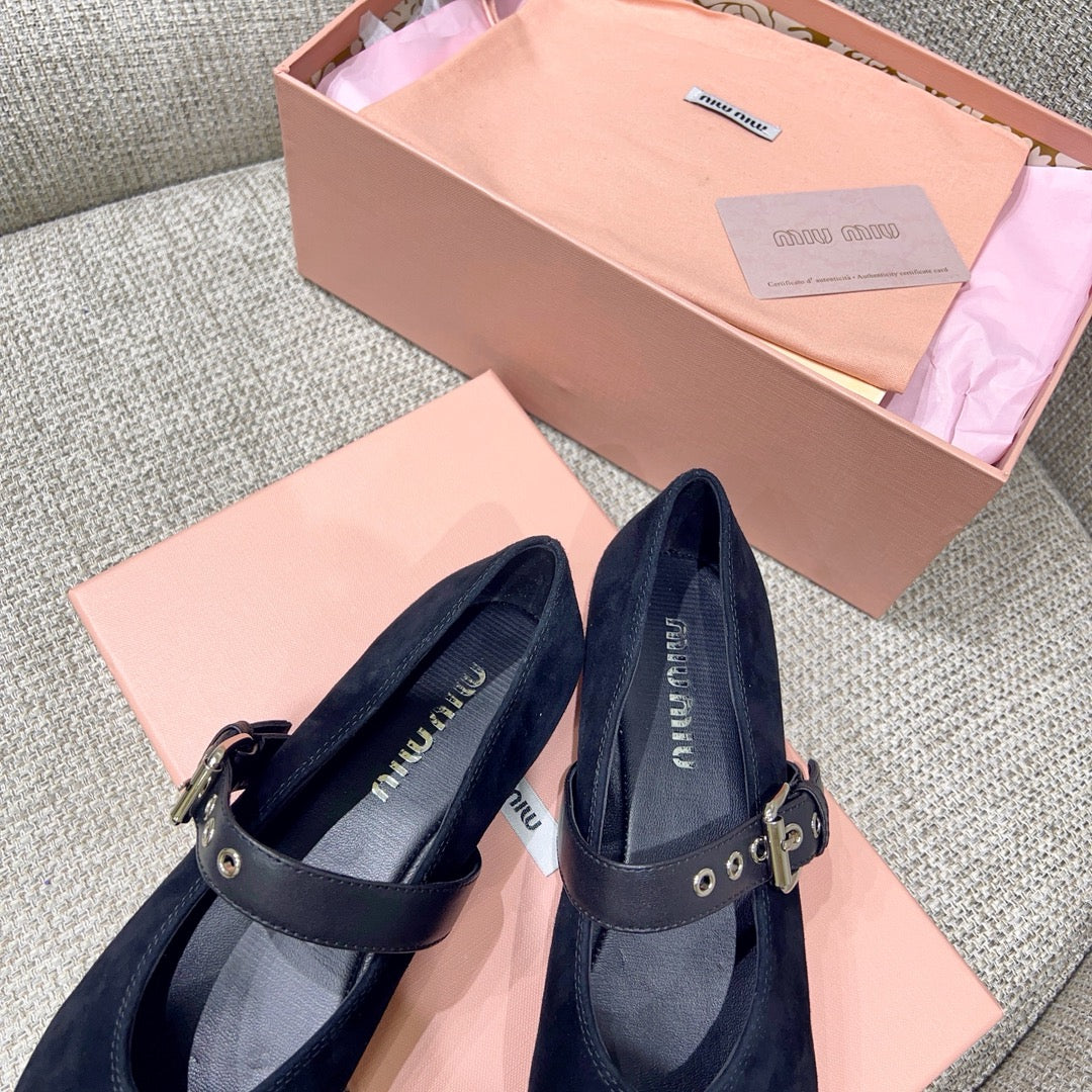 Miu 26s Mary Jane Flats In Black Suede With Black Buckle Strap