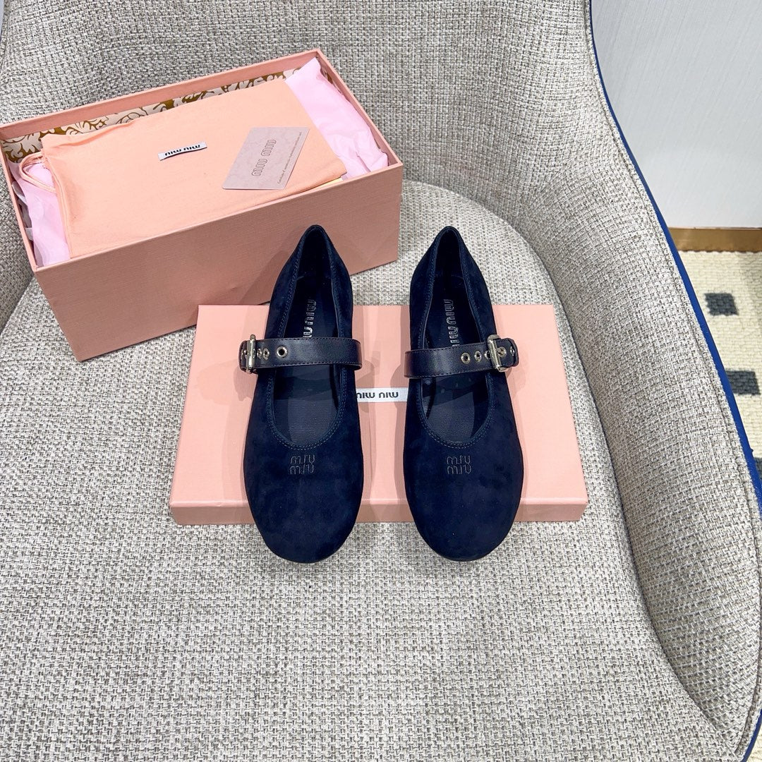 Miu 26s Mary Jane Flats In Black Suede With Black Buckle Strap