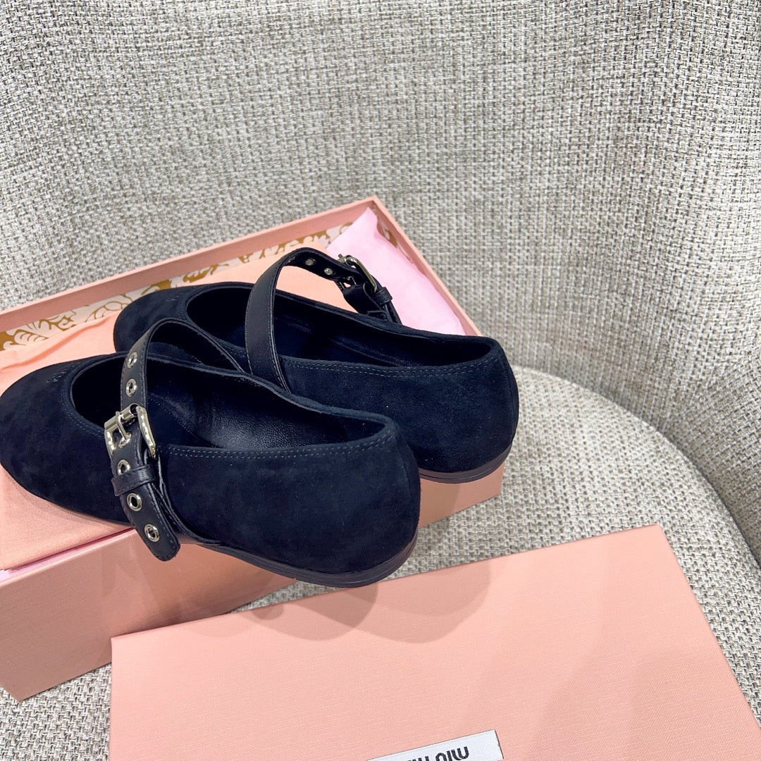 Miu 26s Mary Jane Flats In Black Suede With Black Buckle Strap