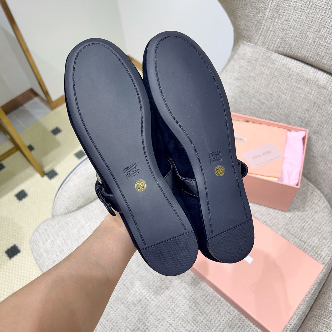 Miu 26s Mary Jane Flats In Black Suede With Black Buckle Strap
