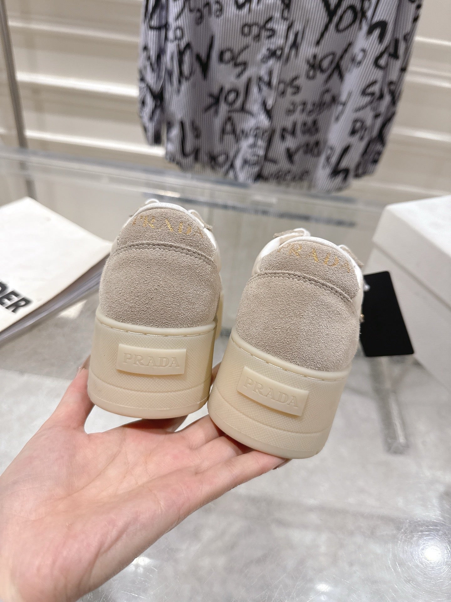 Prada 26s Downtown Sneakers Cream Beige Re-Nylon Suede 968251