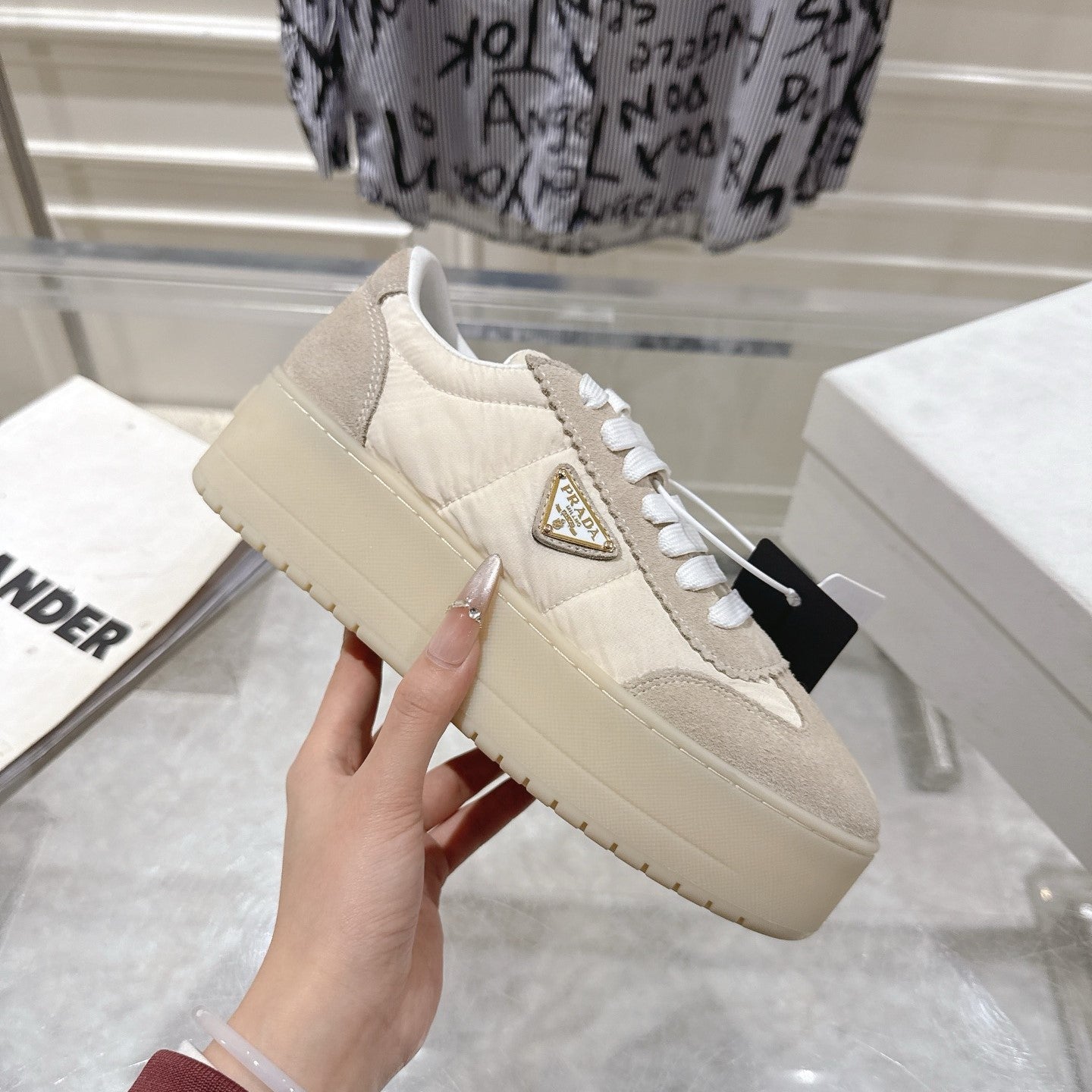 Prada 26s Downtown Sneakers Cream Beige Re-Nylon Suede 968251