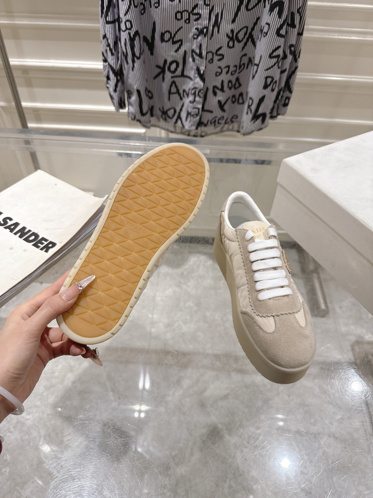 Prada 26s Downtown Sneakers Cream Beige Re-Nylon Suede 968251