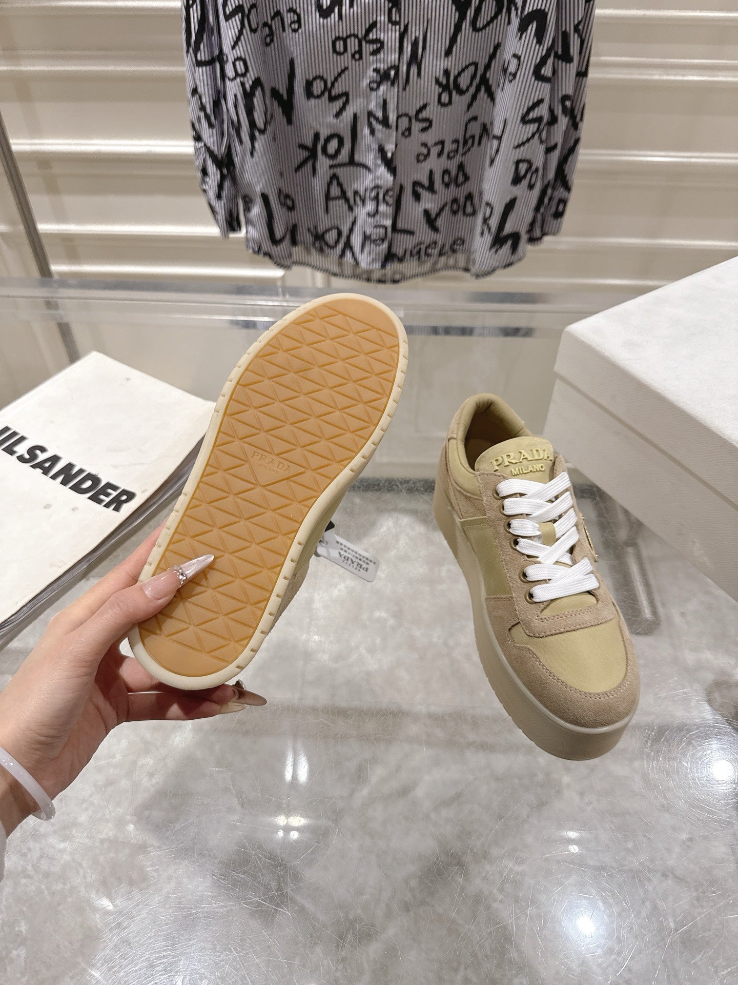 Prada 26s Downtown Sneakers Khaki Re-Nylon Suede 968253