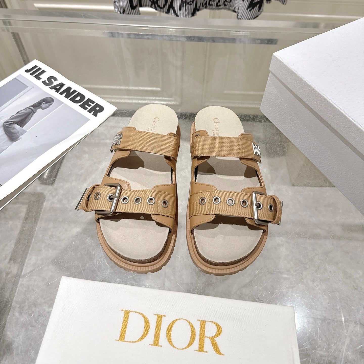 CD 26s Double-Strap Slide Sandals Khaki Calfskin 919015