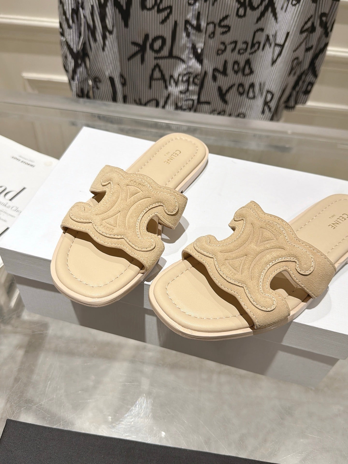 Celine 26s Triomphe Slippers Suede Leather 968245