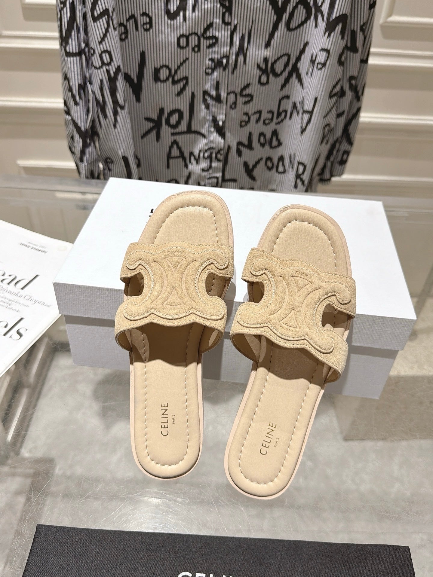 Celine 26s Triomphe Slippers Suede Leather 968245