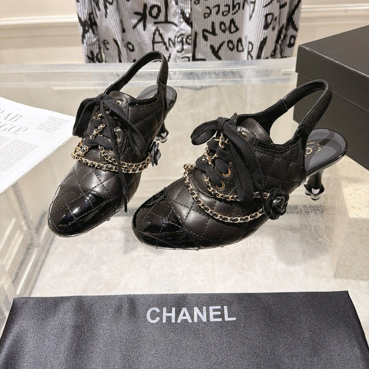 CC 26b Quilted Lace Up Slingback Black Leather 124291