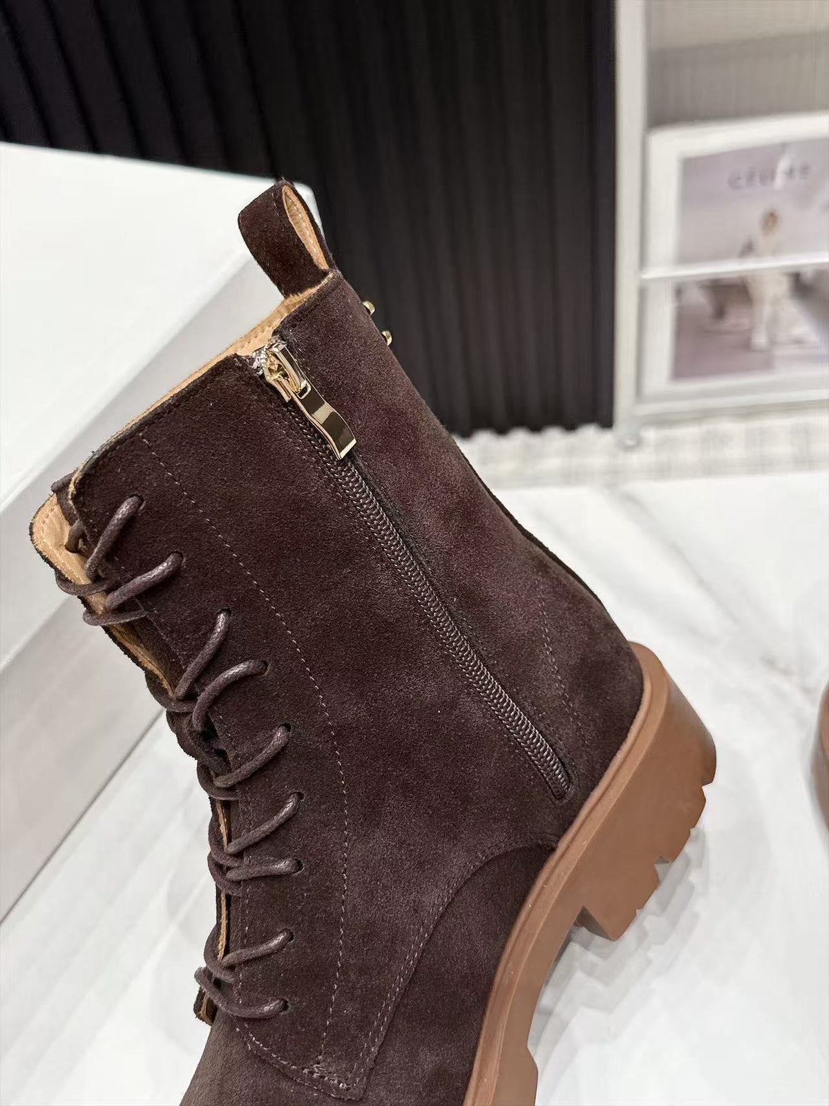 CE 26s Margaret Combat Boots 3.5cm Dark Brown Suede 147661