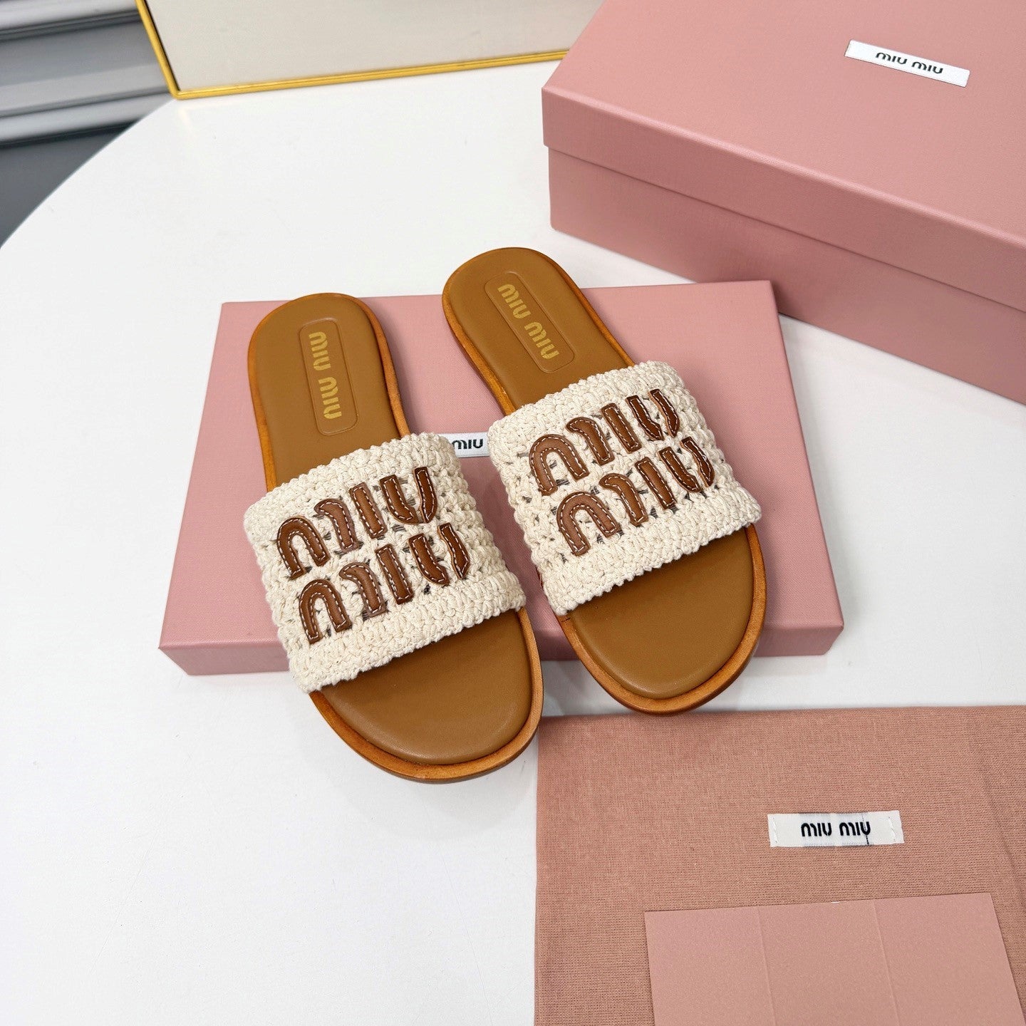 Miu Logo-Patch Slides Brown White Leather Woven 935772