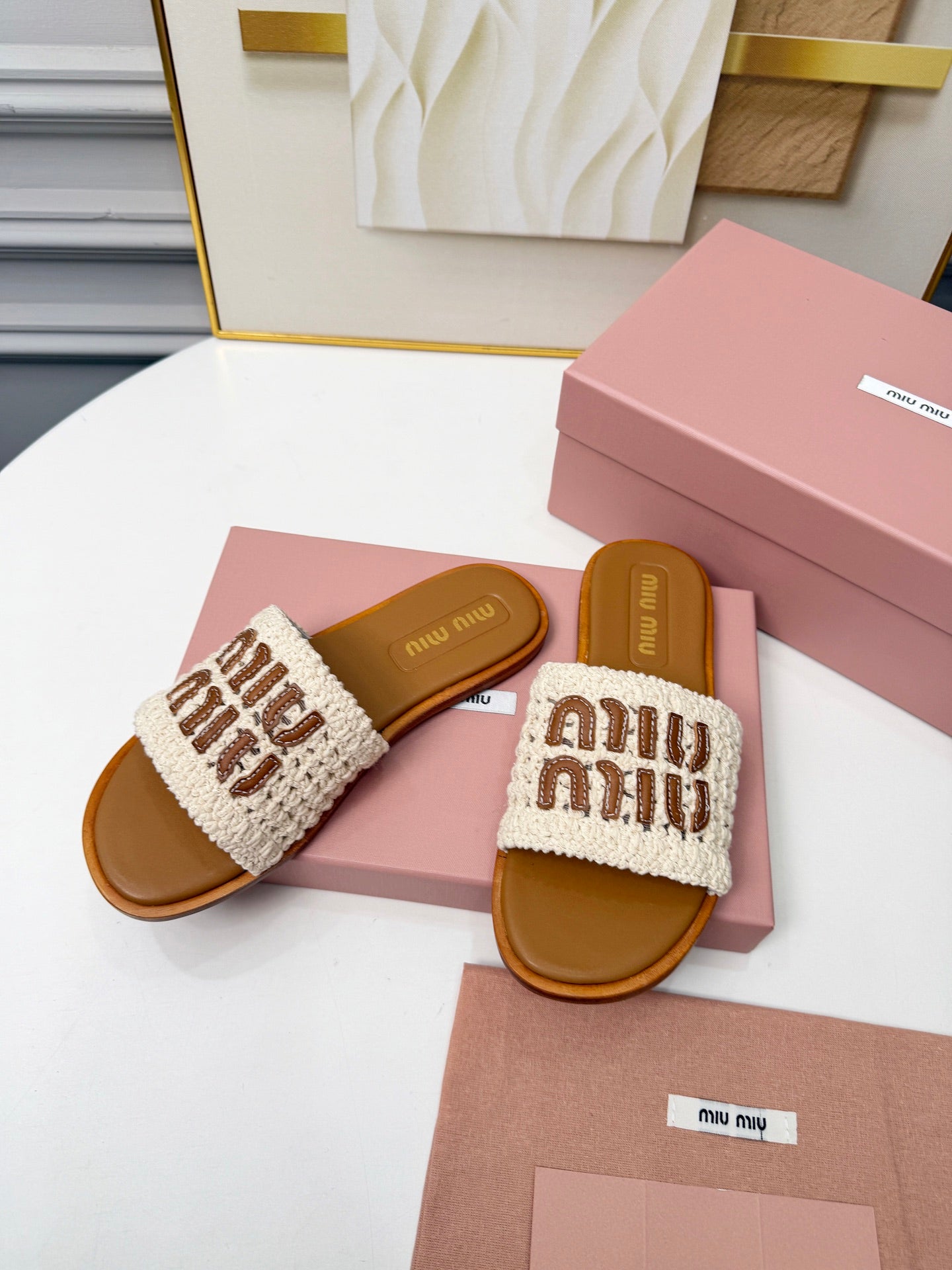 Miu Logo-Patch Slides Brown White Leather Woven 935772