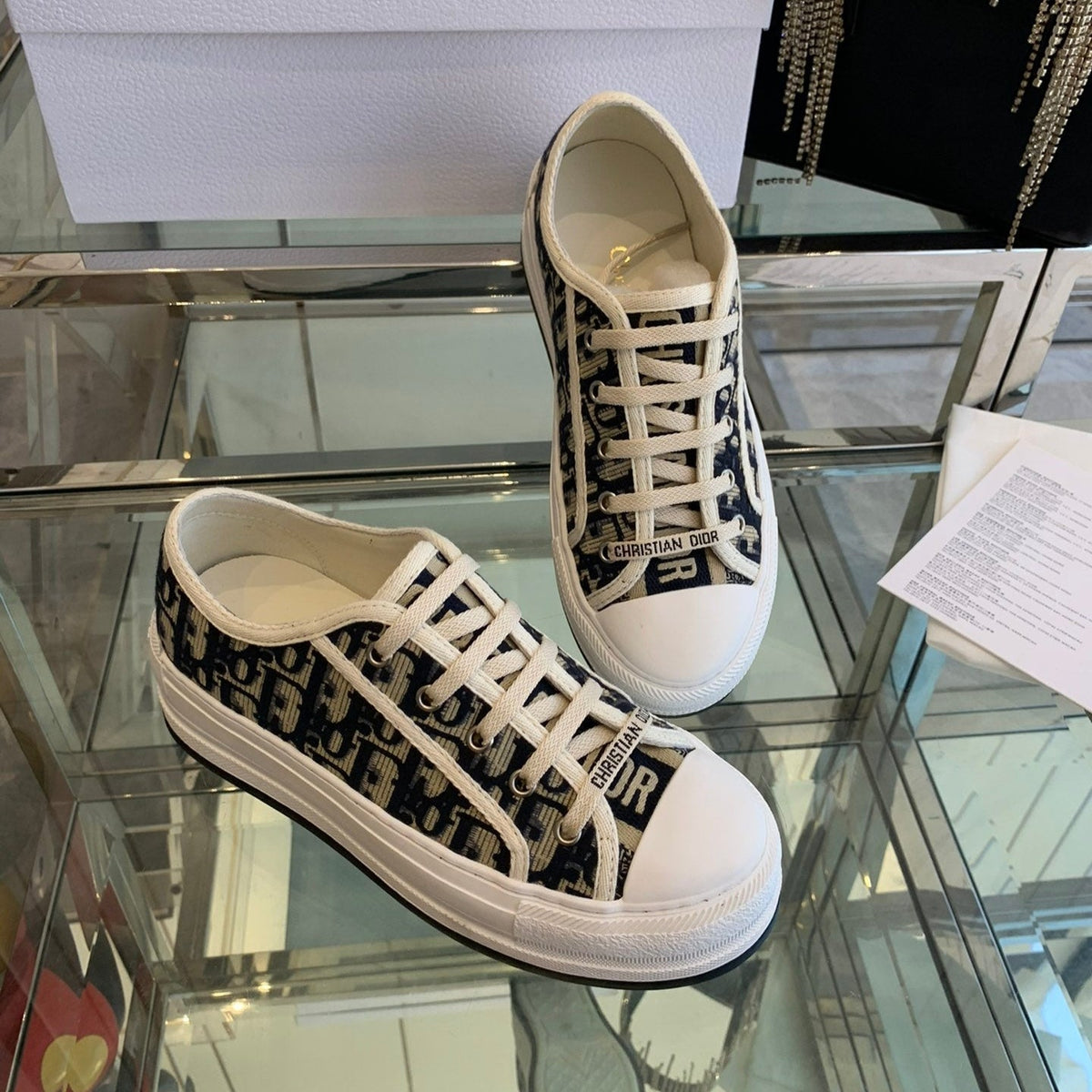 CD Walk'n Platform Sneaker In Black Mix Camel Brown Embroidery Iconic Patterns Fabric