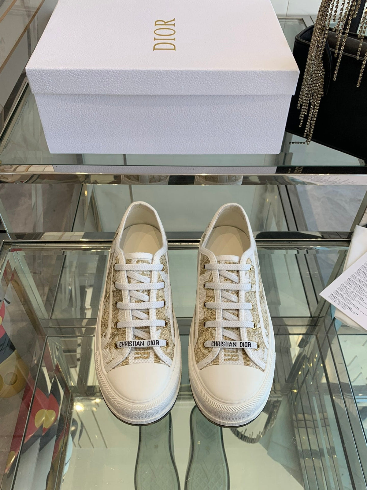 CD Walk'n Platform Sneaker In White-Gold Tone Embroidered Fabric