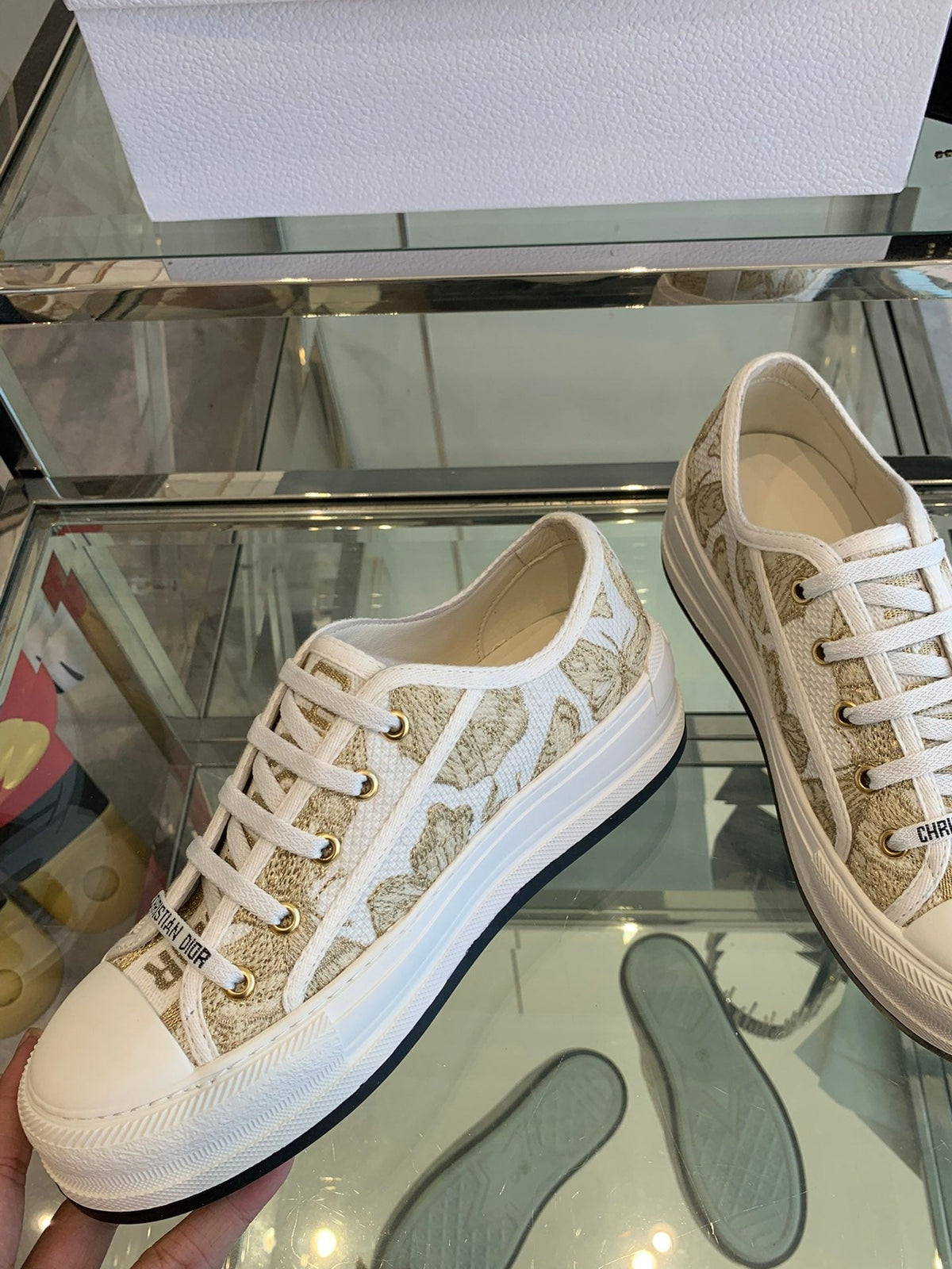 CD Walk'n Platform Sneaker In White-Gold Tone Embroidered Fabric