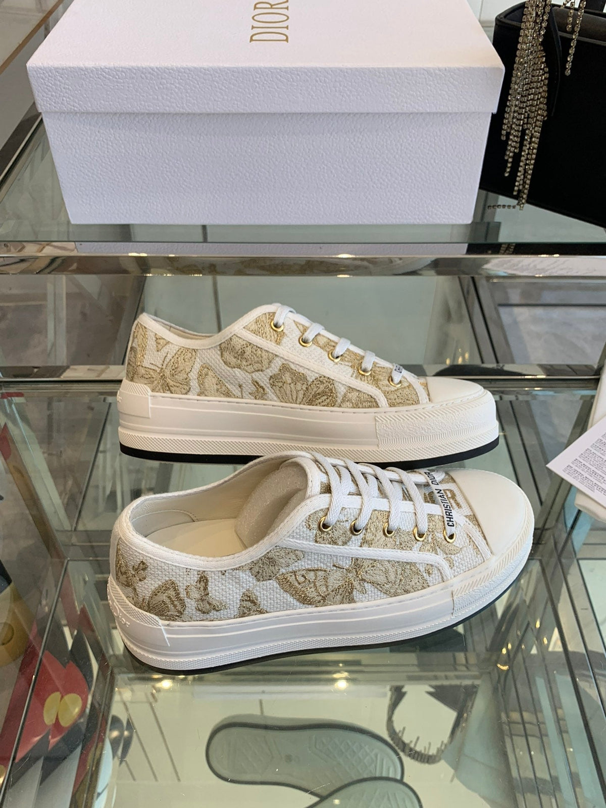 CD Walk'n Platform Sneaker In White-Gold Tone Embroidered Fabric