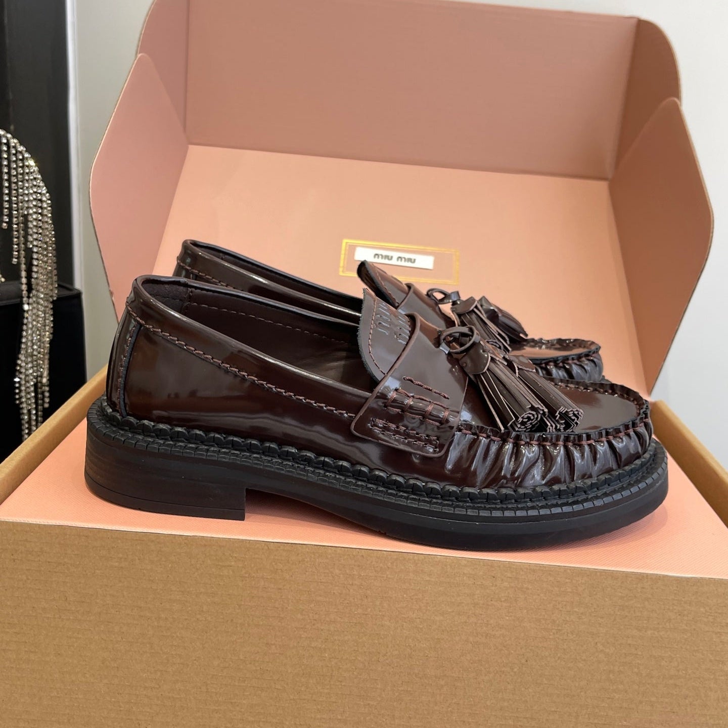 Miu Tassel Loafers Dark Brownish Polished Leather 490952