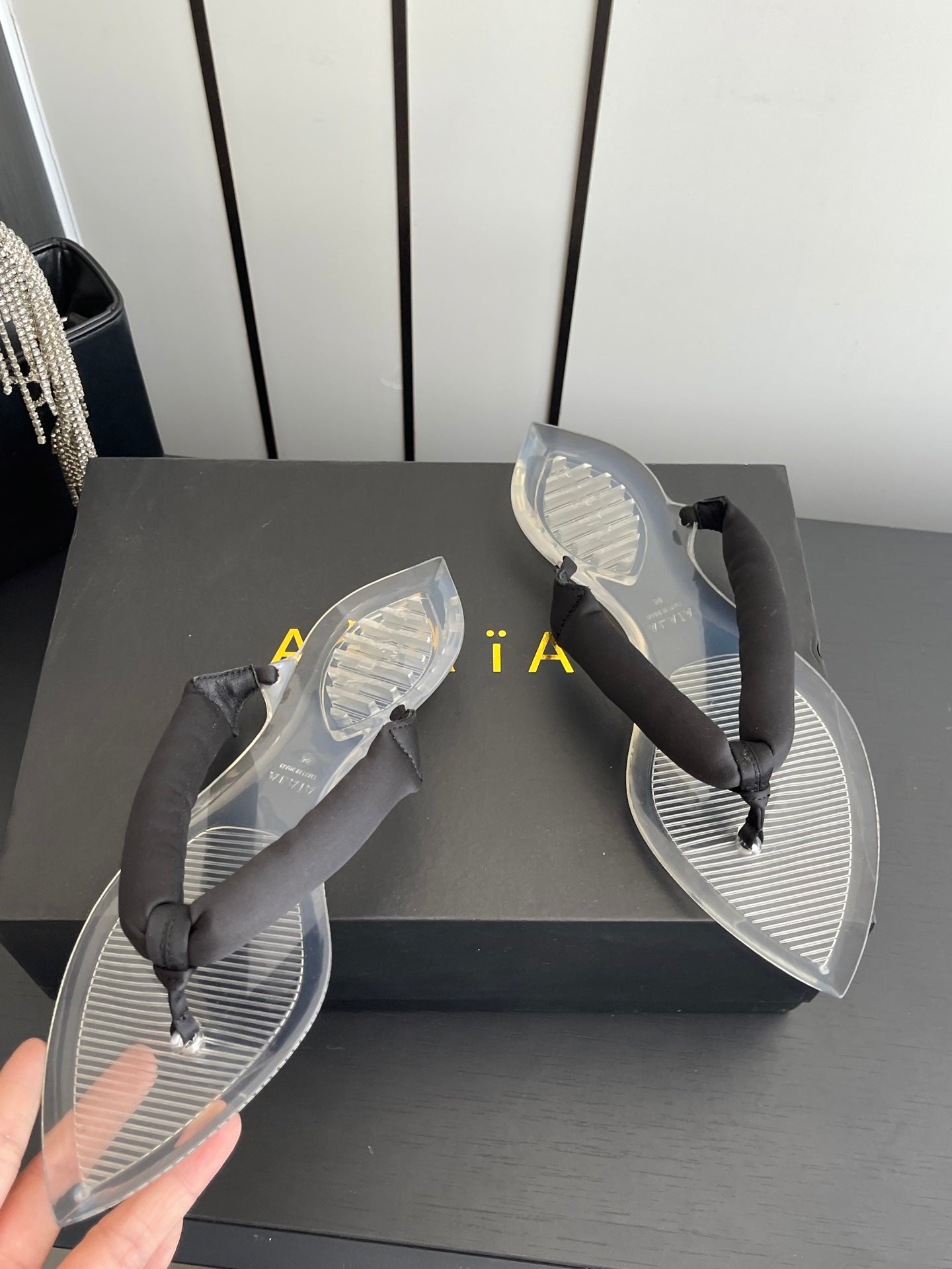 Alaïa Invisible Thong Mules Black Satin 740042