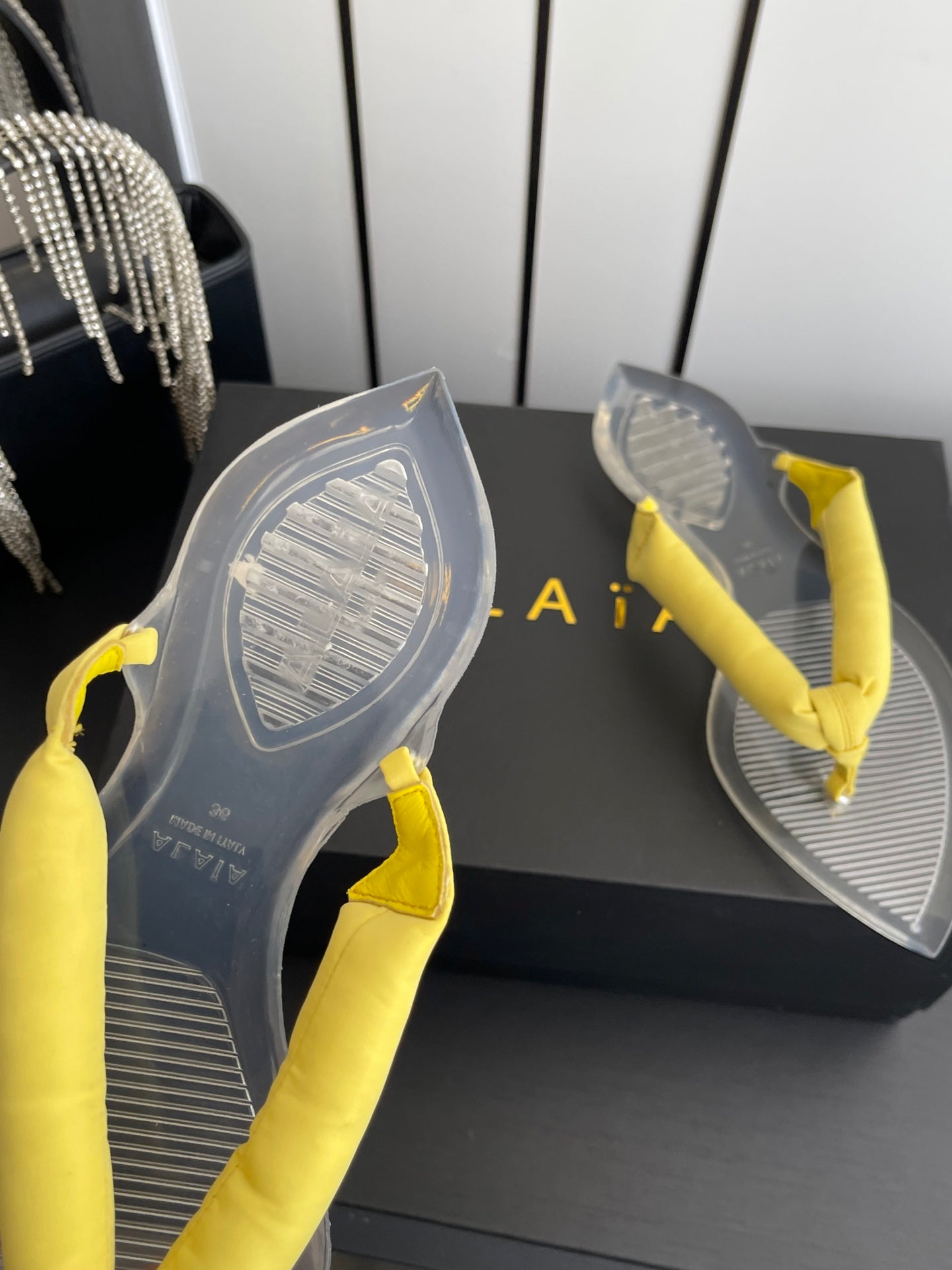 Alaïa Invisible Thong Mules Light Yellow Satin 740045