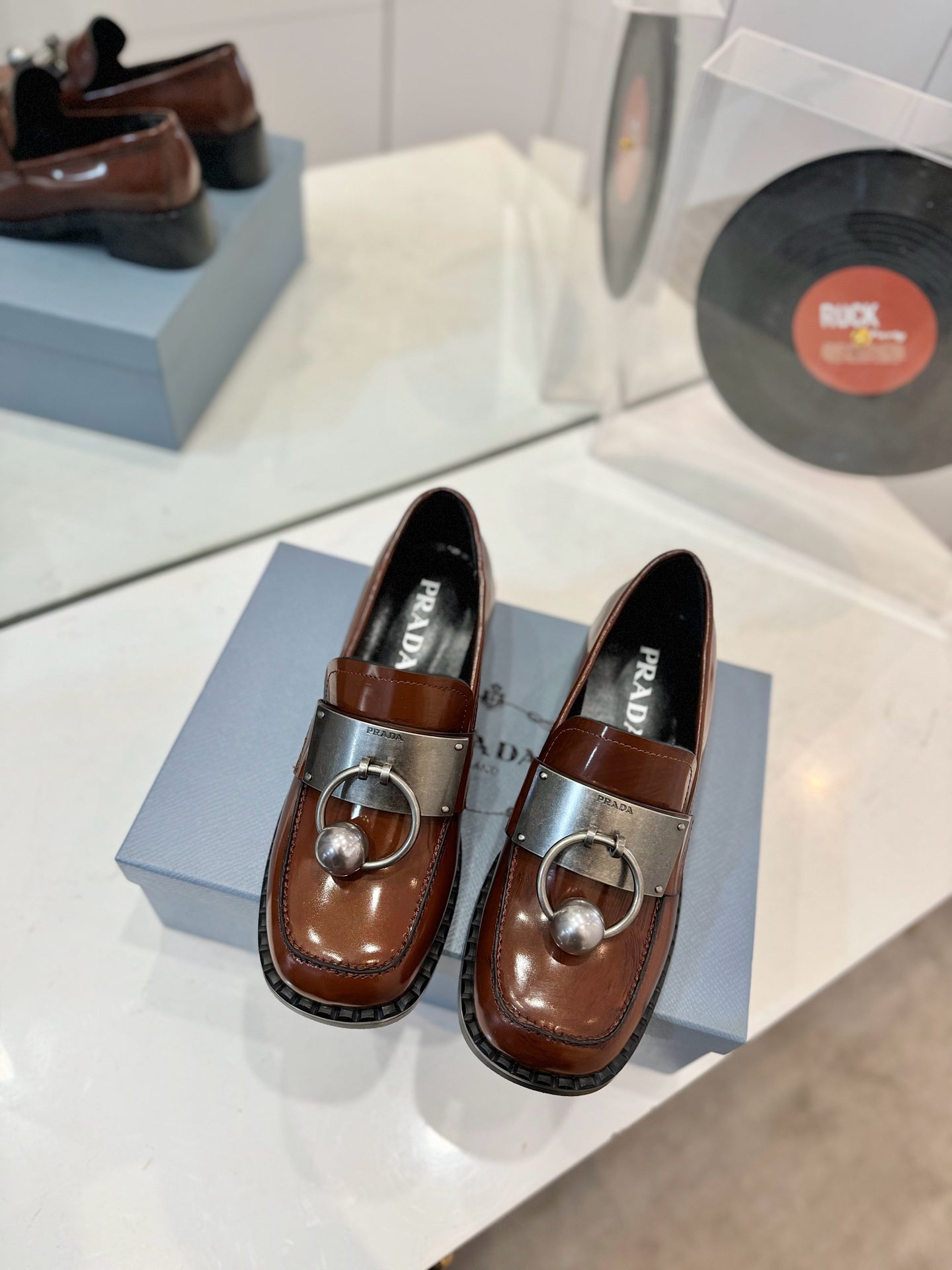 Prada 26s Ball Chain Loafers Brown Brushed Leather 941514