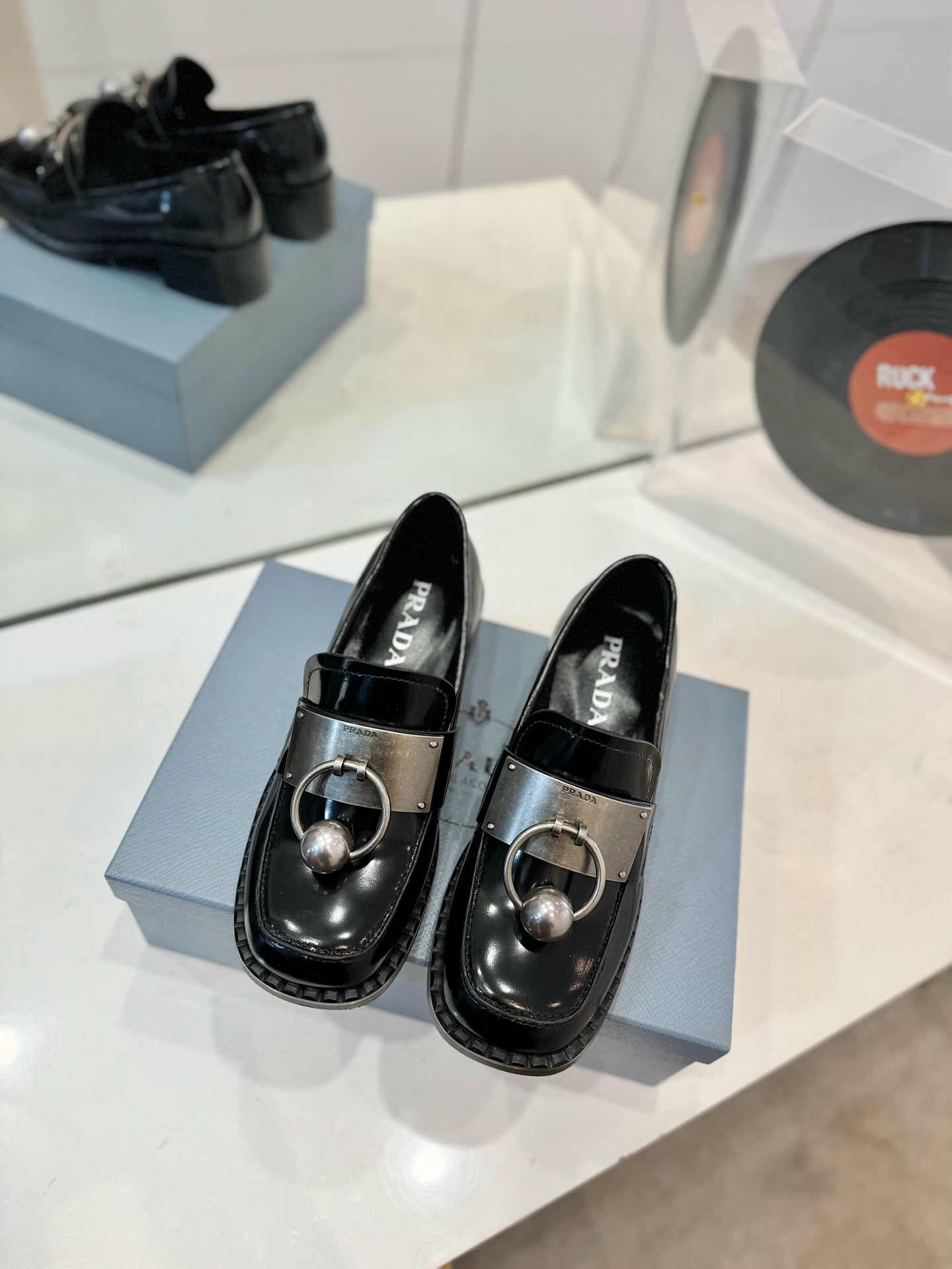 Prada 26s Ball Chain Loafers Black Brushed Leather 941515