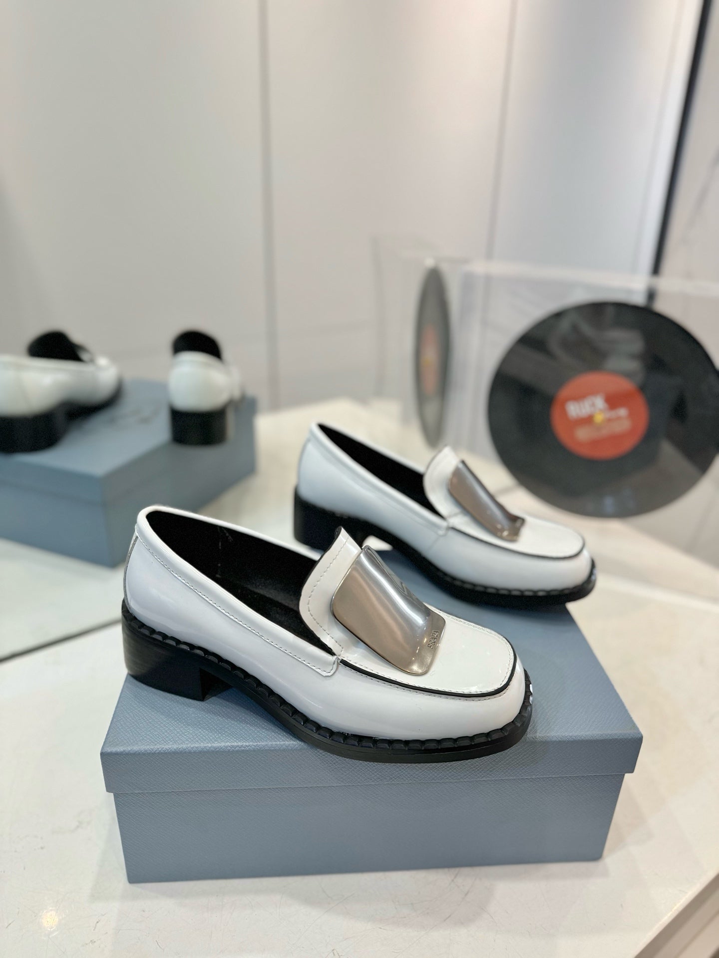 Prada 26s Metal Plate Loafers White Brushed Leather 941512