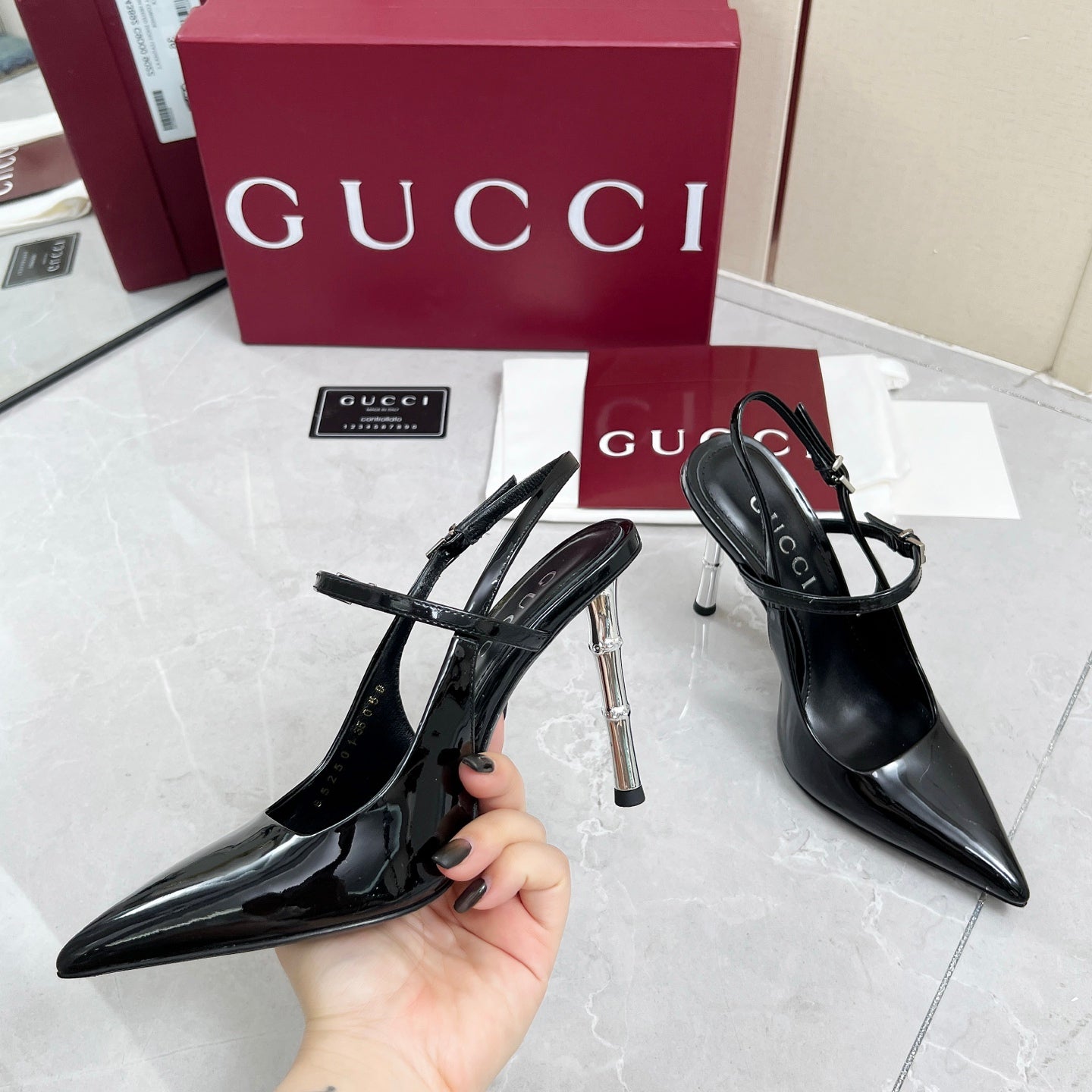 GC 25 Heeled 95mm Slingback Pump Black Patent Leather 293865
