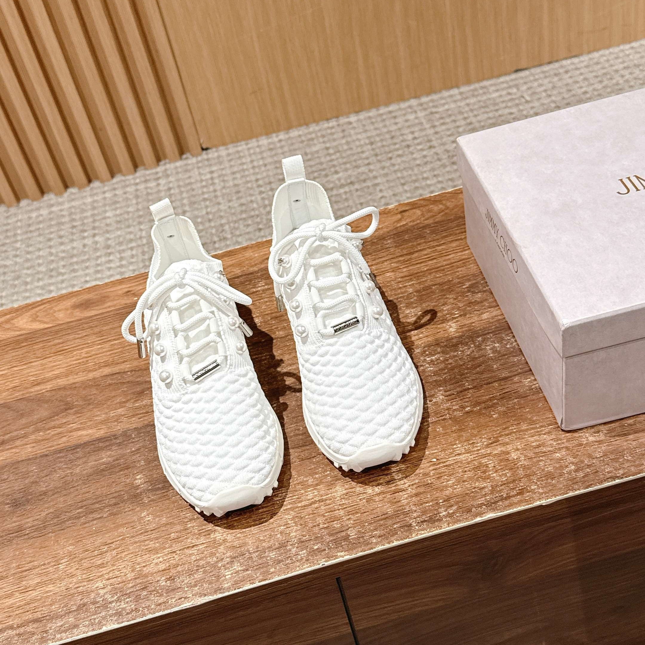 Jimmy Pearl - Embellished Sneakers White Textured Knit 400160