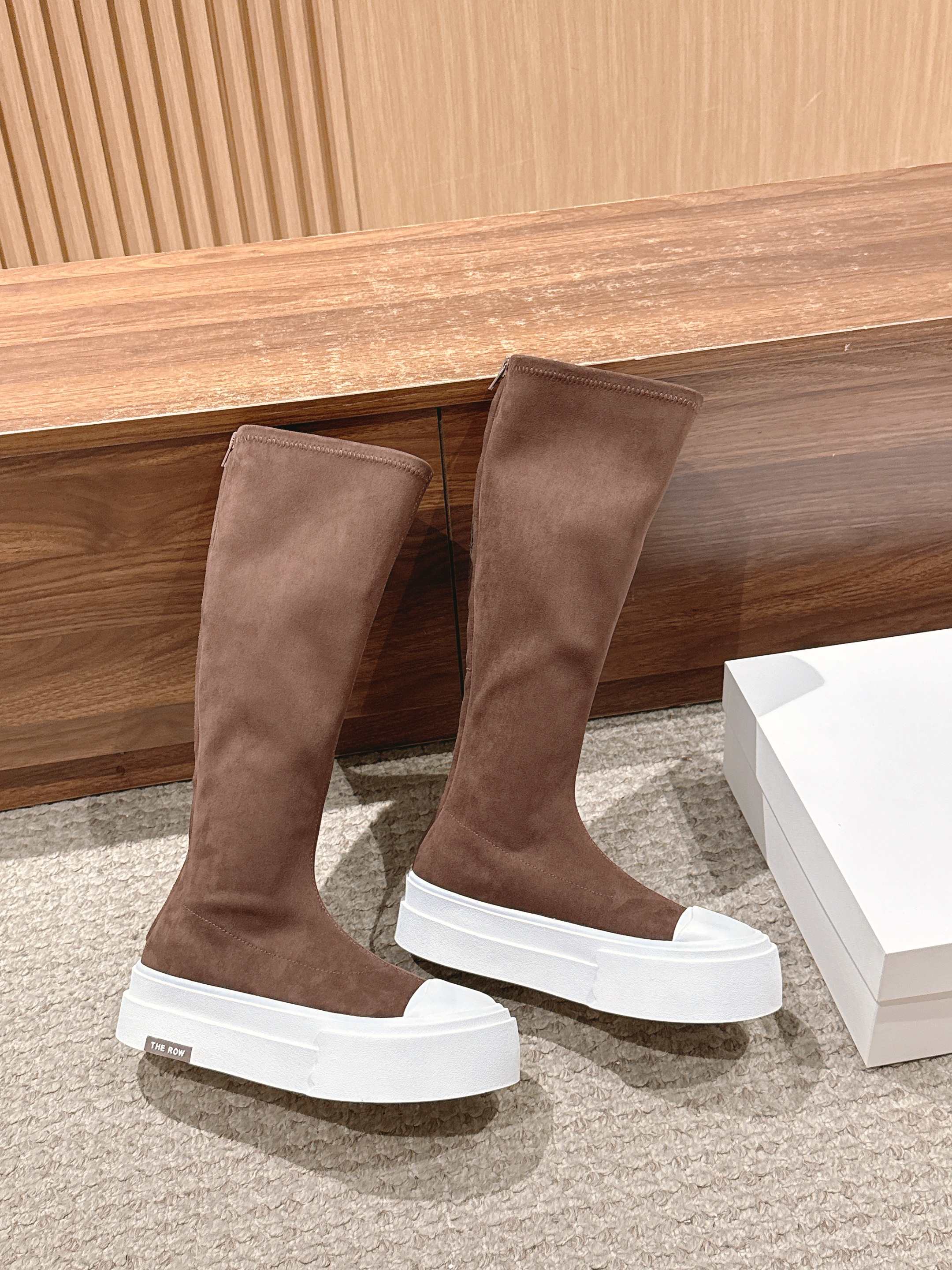 The Row Thick-soled Classic Knee-high Boots Brown White Suede 444171