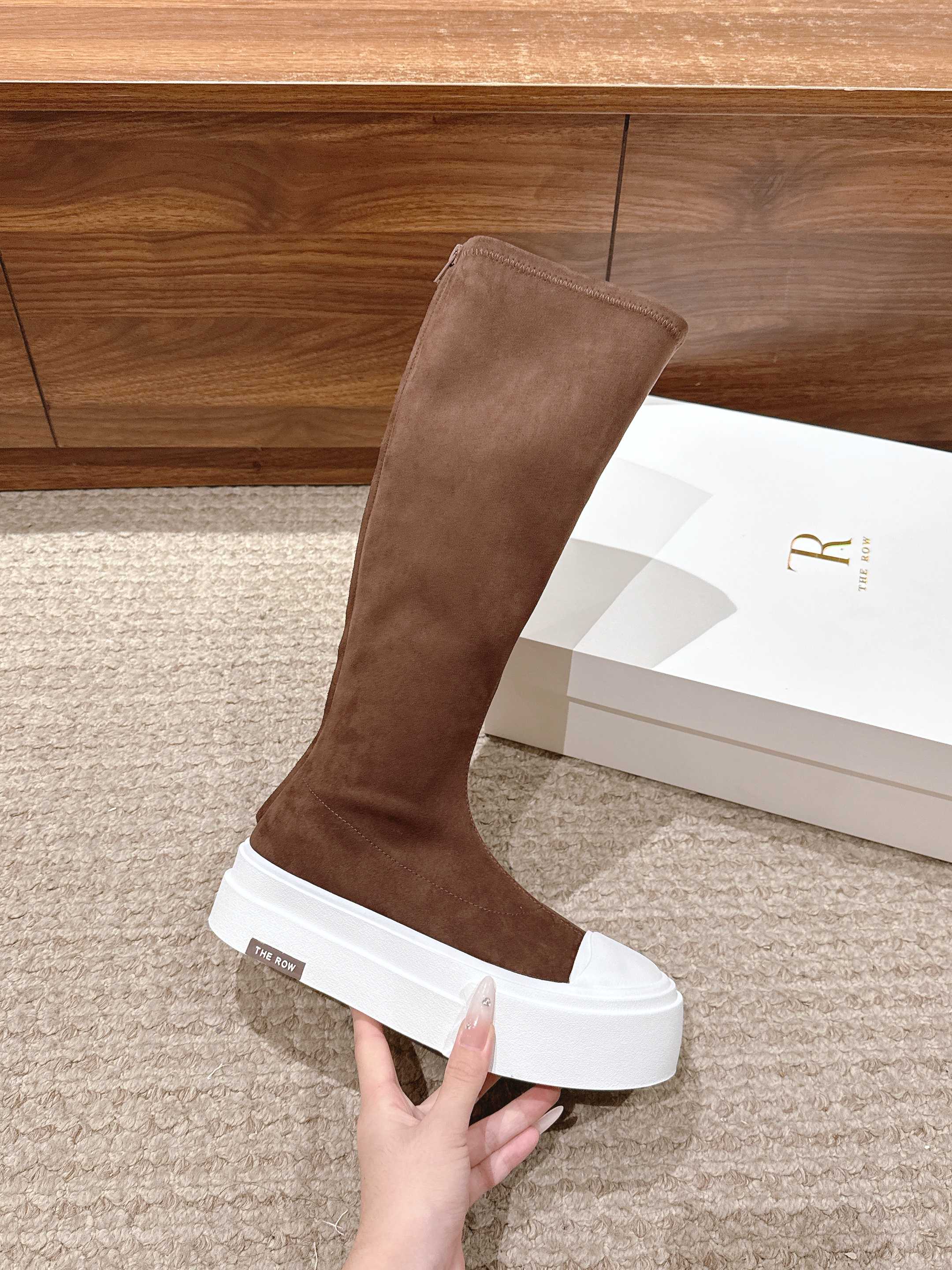The Row Thick-soled Classic Knee-high Boots Brown White Suede 444171