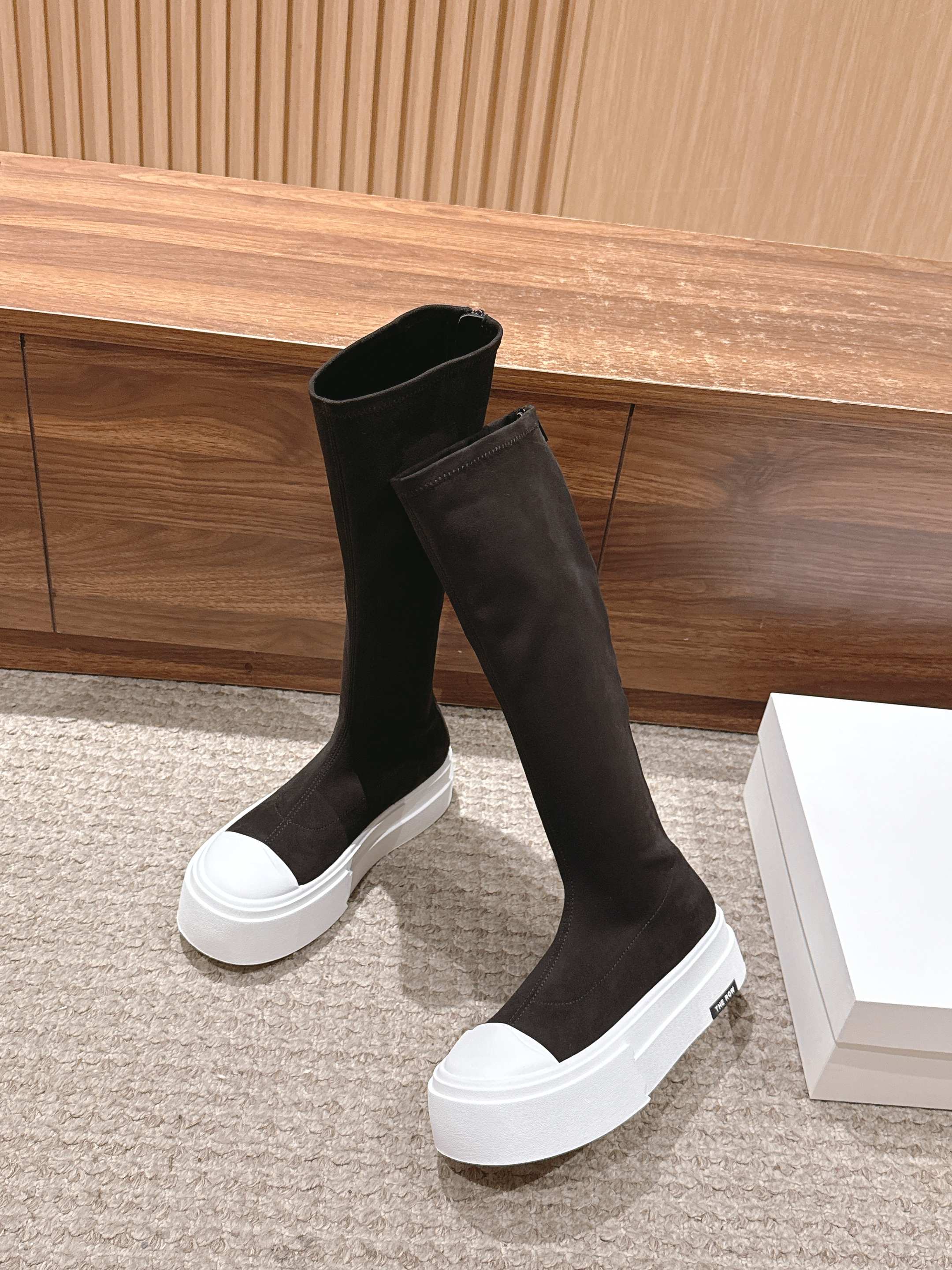 The Row Thick-soled Classic Knee-high Boots Black White Suede 444173