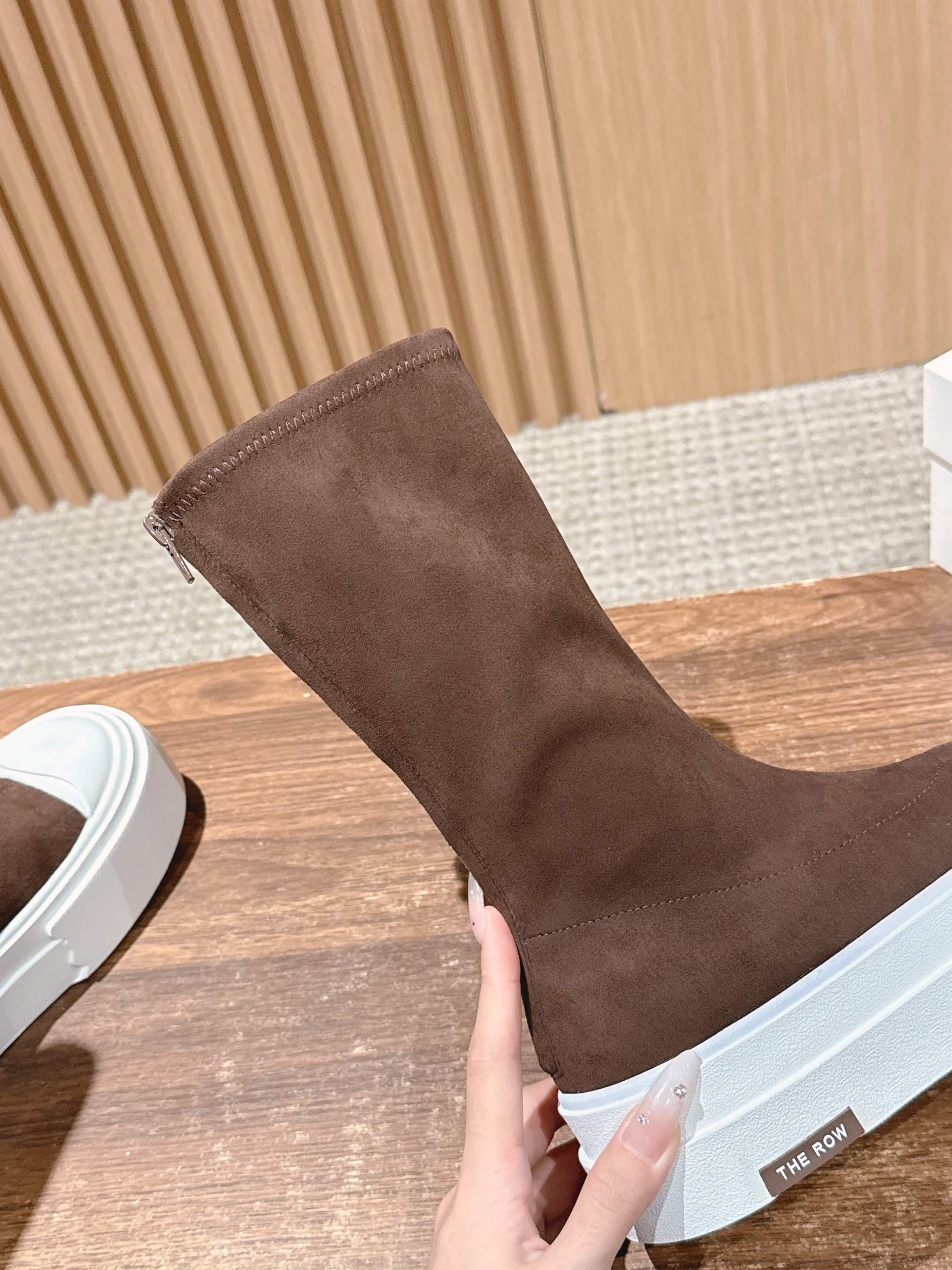 The Row Thick-soled Classic Round Toe Stretch Boots Brown White Suede 444175