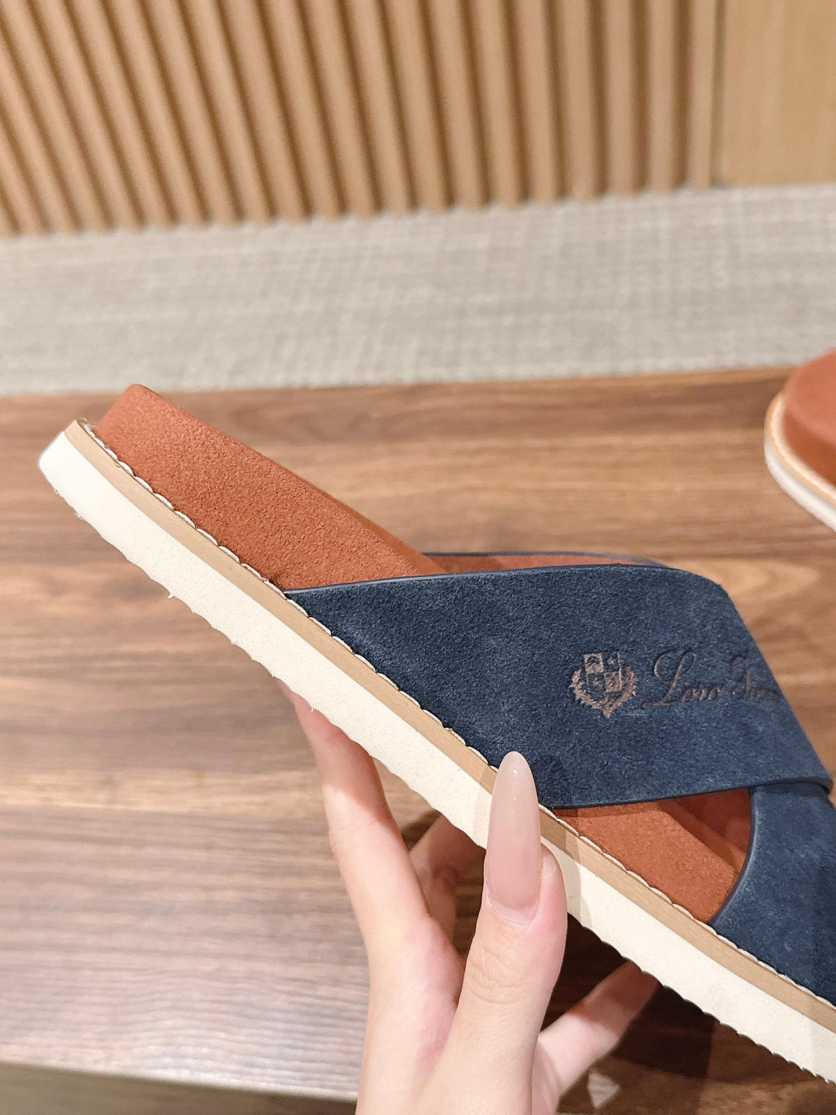 LP 26s Cross Strap Slides Sandal In Navy Blue Suede