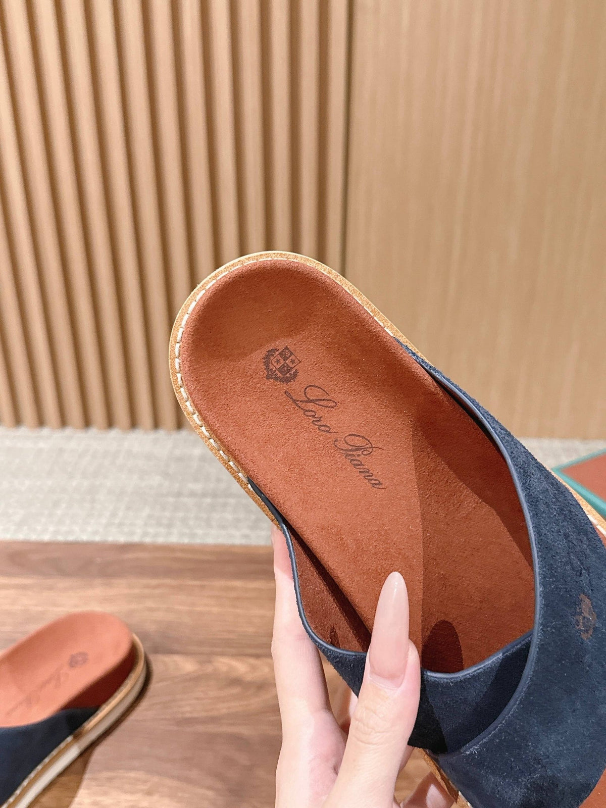 LP 26s Cross Strap Slides Sandal In Navy Blue Suede