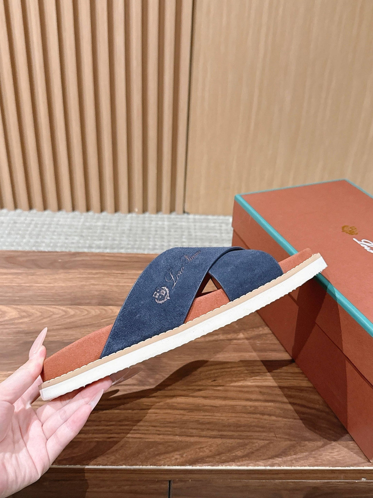 LP 26s Cross Strap Slides Sandal In Navy Blue Suede