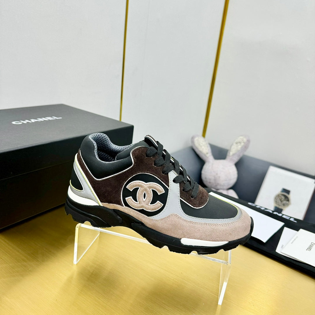 cc womens sneaker in black white calfskin and beige brown suede 137614