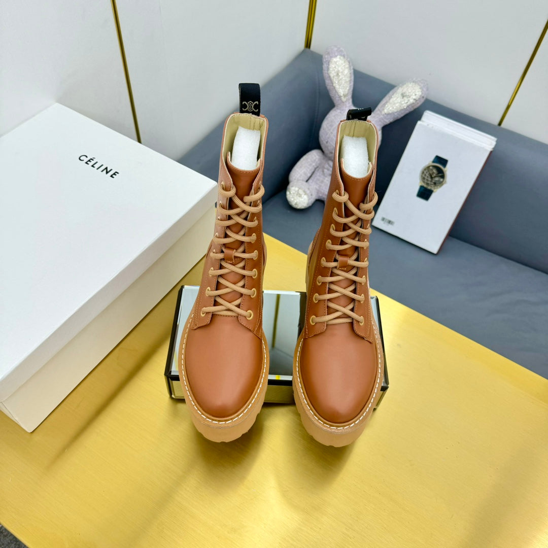 Celine 26s Bulky Lace-up Boot Brown Calfskin 987336
