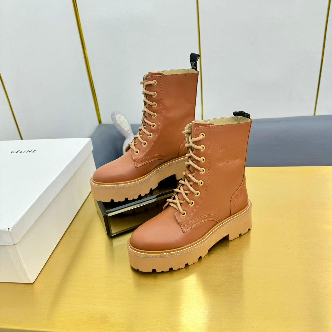 Celine 26s Bulky Lace-up Boot Brown Calfskin 987336
