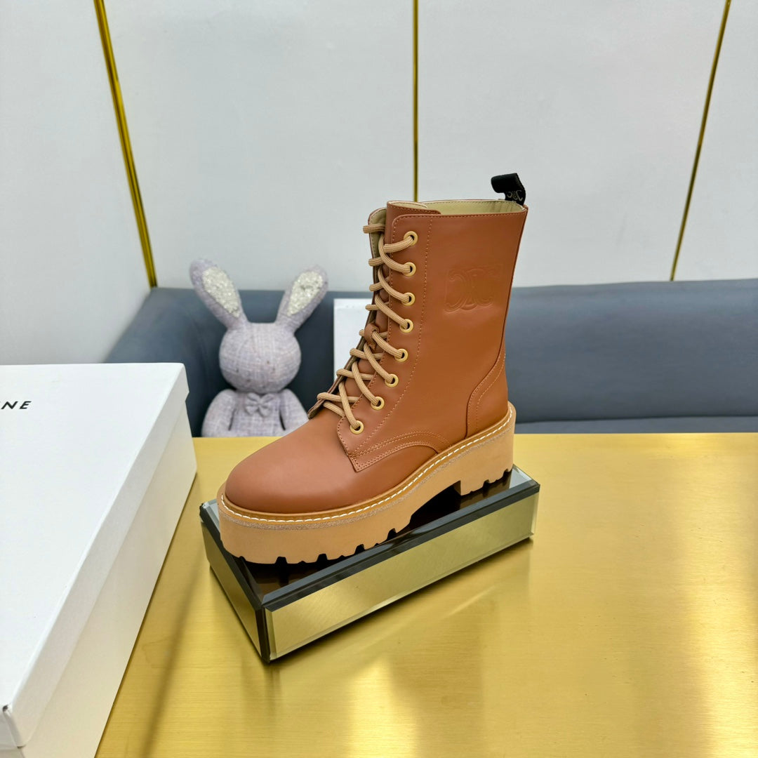 Celine 26s Bulky Lace-up Boot Brown Calfskin 987336